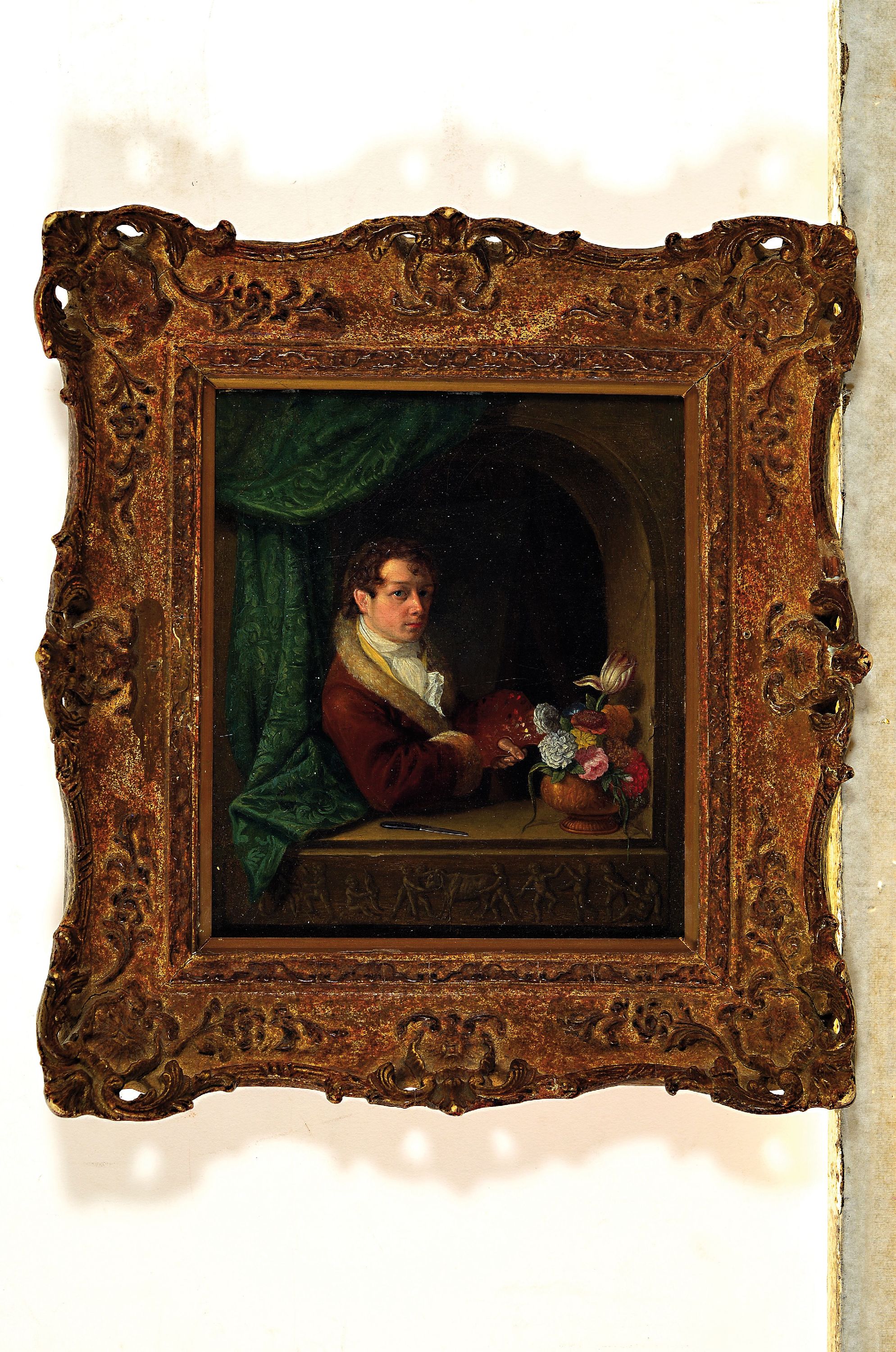Detail k: Zuschreibung: Franz Ludwig Catel, 1778 Berlin -1856 Rom, Selbstbildnis des Künstlers im Mantel mit Pelzkragen und Palette, Ausschnitt gerahmt durch ...