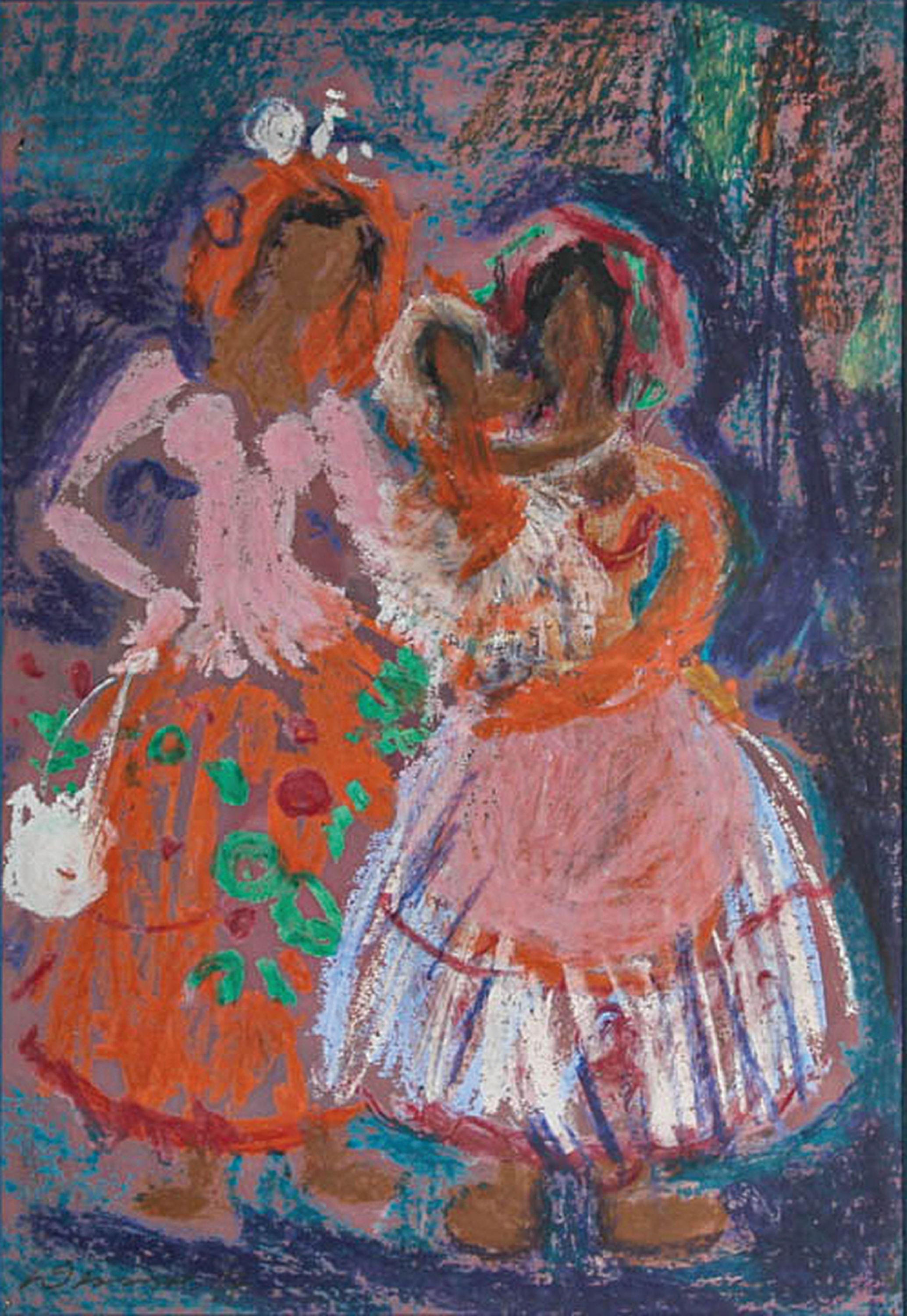 Detail a: Heinz Werner, 1928-2019, zwei Frauen mit Kind, Pastell auf Papier, ca. 35x24cm, PP, u.Gl., R. ca. 60x49cm, Werner wurde bekannt als Porzellanmaler ...