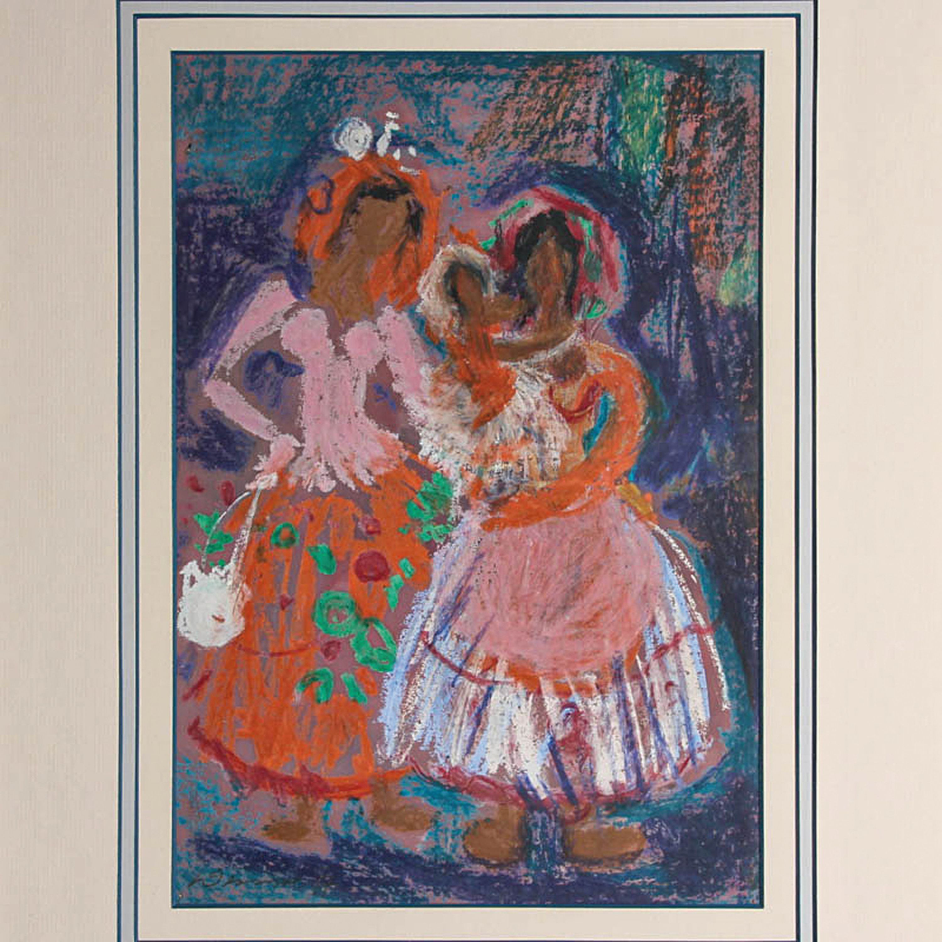 Detail l: Heinz Werner, 1928-2019, zwei Frauen mit Kind, Pastell auf Papier, ca. 35x24cm, PP, u.Gl., R. ca. 60x49cm, Werner wurde bekannt als Porzellanmaler ...