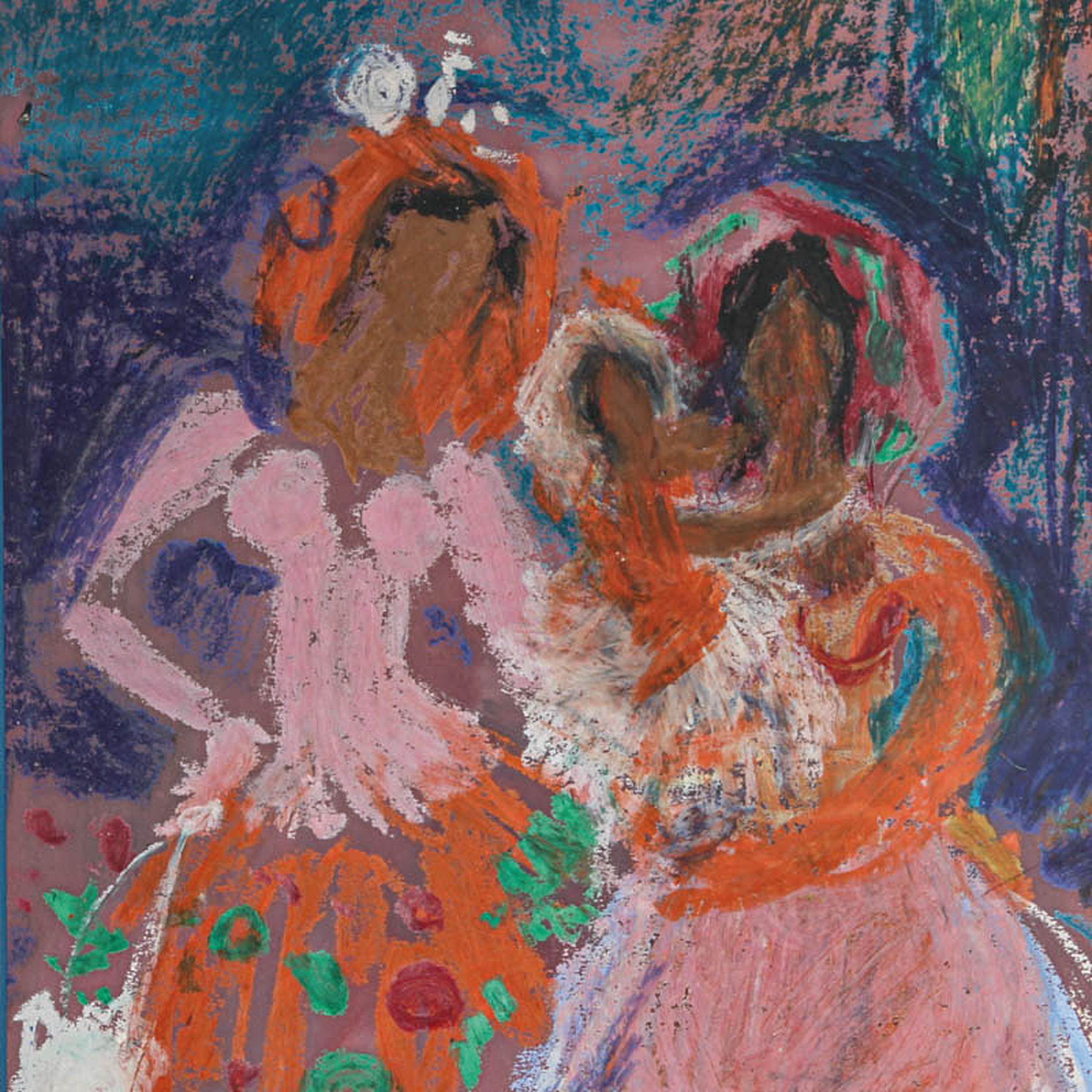 Detail m: Heinz Werner, 1928-2019, zwei Frauen mit Kind, Pastell auf Papier, ca. 35x24cm, PP, u.Gl., R. ca. 60x49cm, Werner wurde bekannt als Porzellanmaler ...