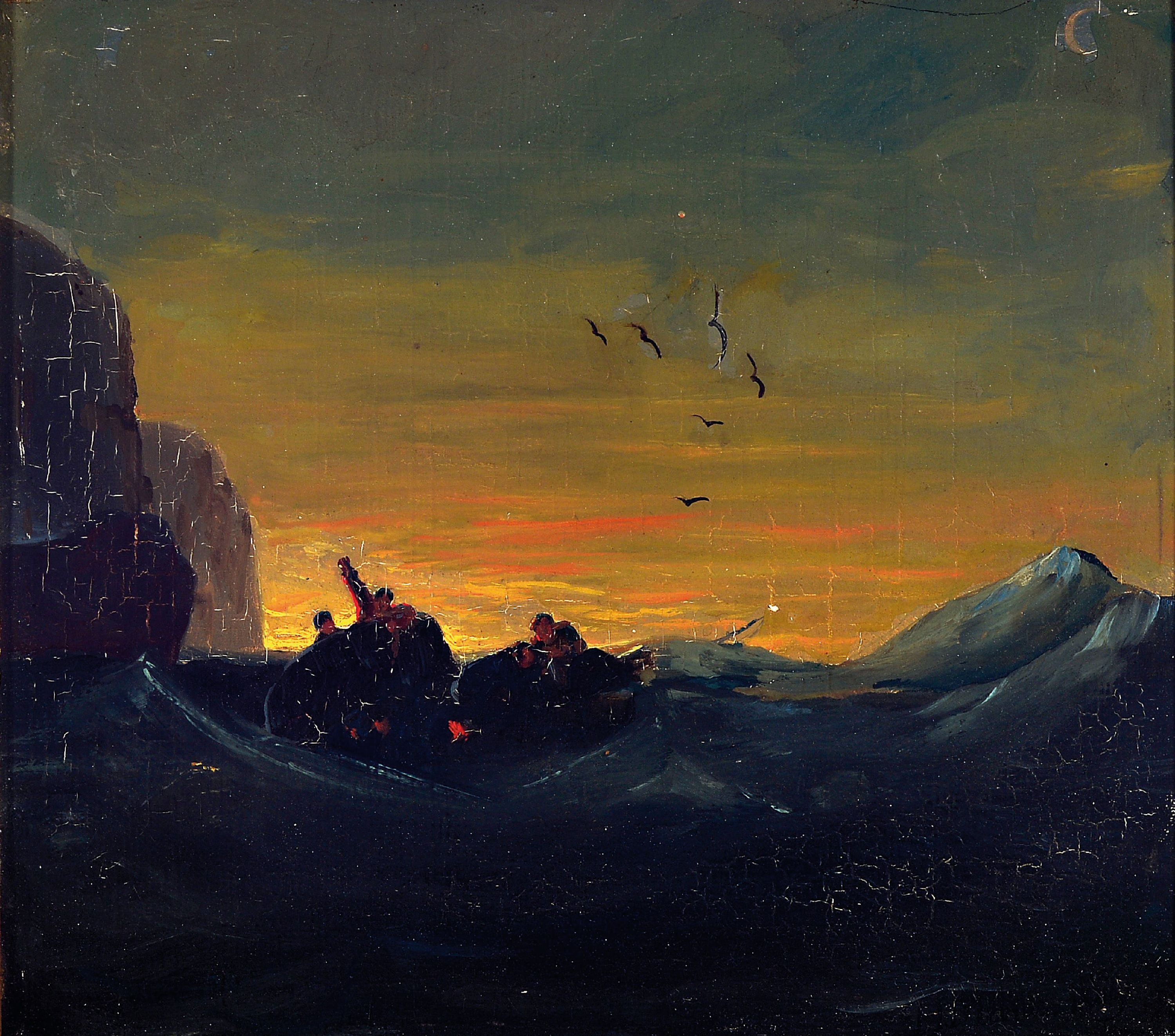 Hermann Mevius, 1820 Breslau-1864 Düsseldorf, Fischer in Seenot auf einem kenternden Boot vor der Küste, Öl/Holz, rechts unten signiert und dat. ...