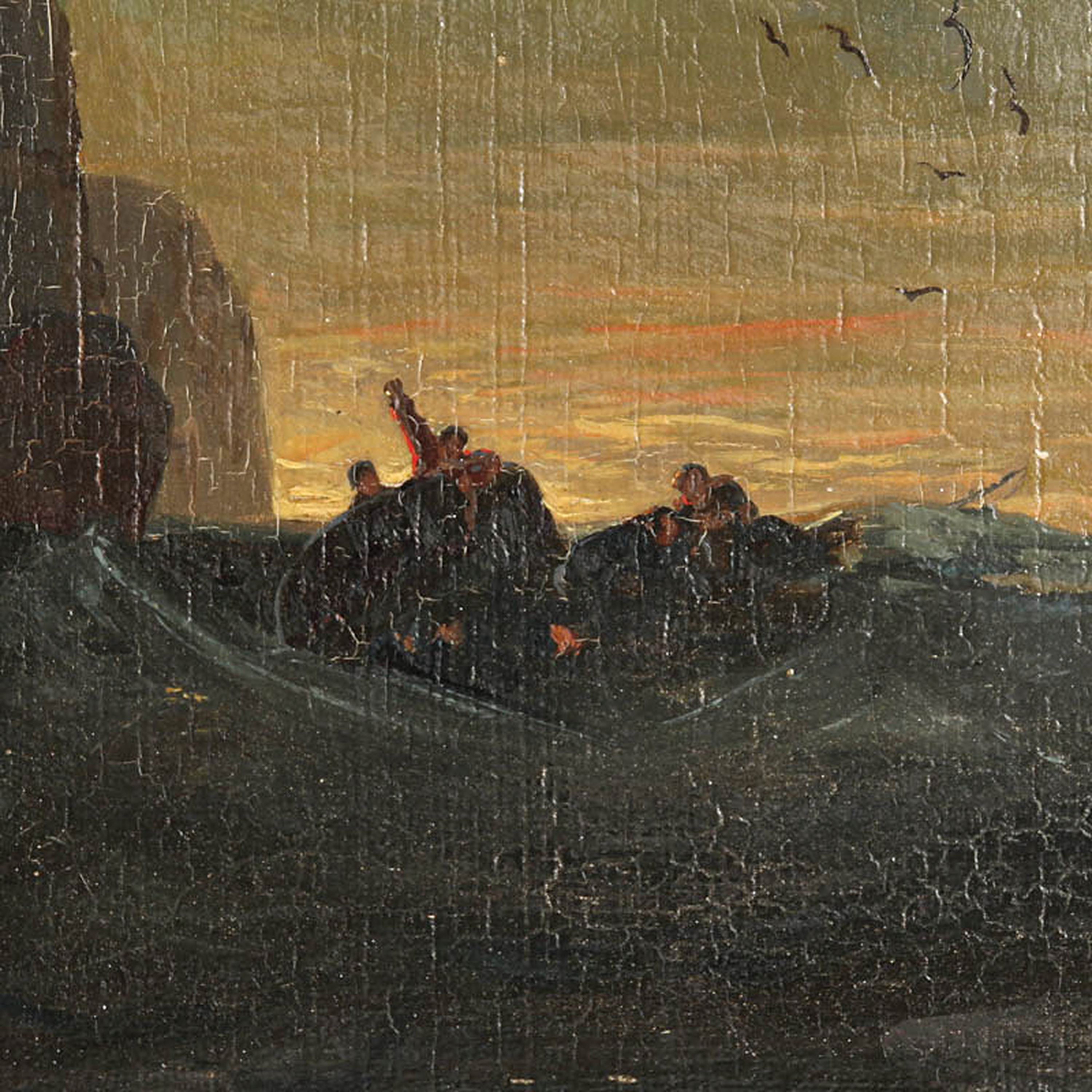 Detail a: Hermann Mevius, 1820 Breslau-1864 Düsseldorf, Fischer in Seenot auf einem kenternden Boot vor der Küste, Öl/Holz, rechts unten signiert und dat. ...