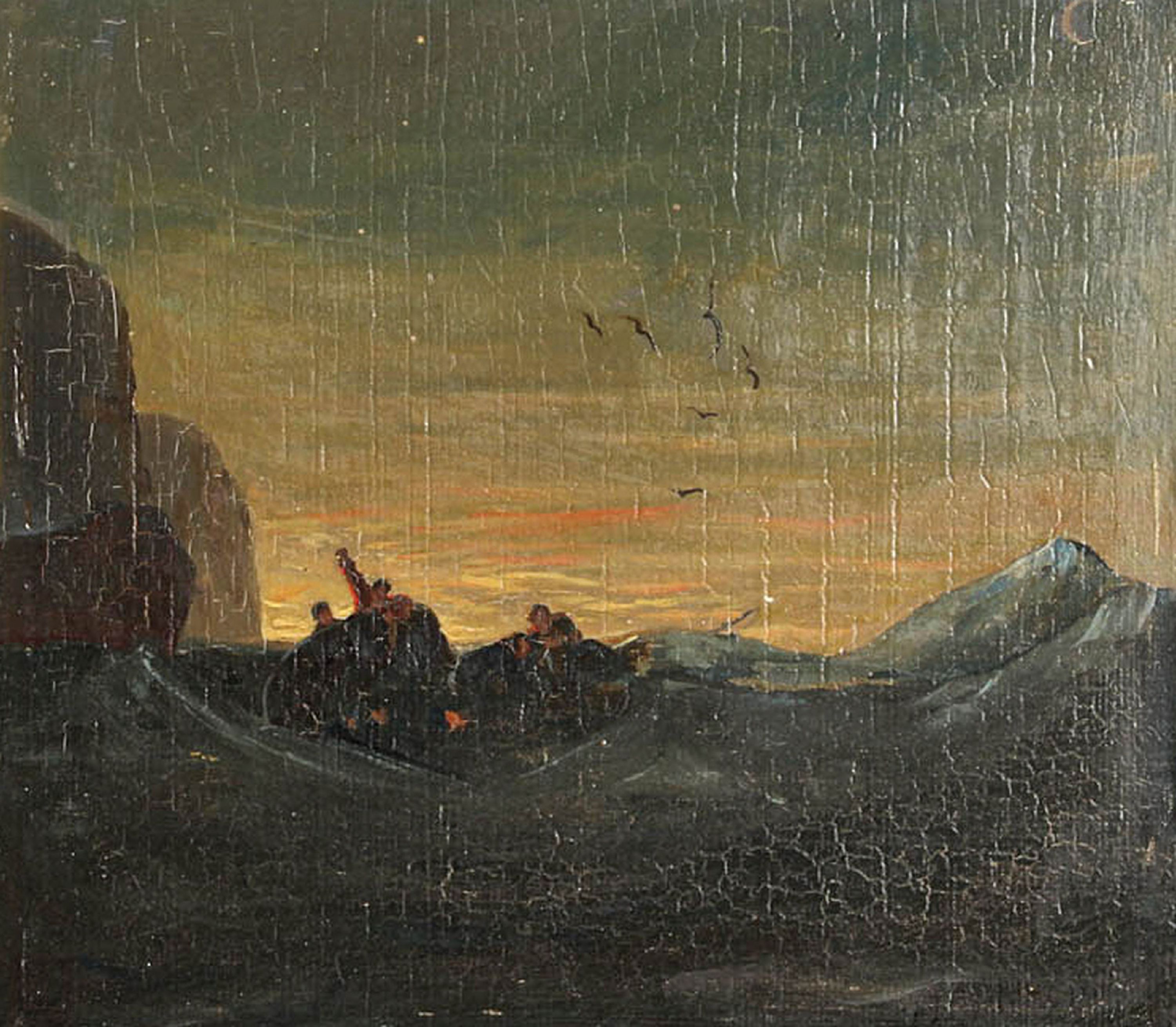 Detail b: Hermann Mevius, 1820 Breslau-1864 Düsseldorf, Fischer in Seenot auf einem kenternden Boot vor der Küste, Öl/Holz, rechts unten signiert und dat. ...