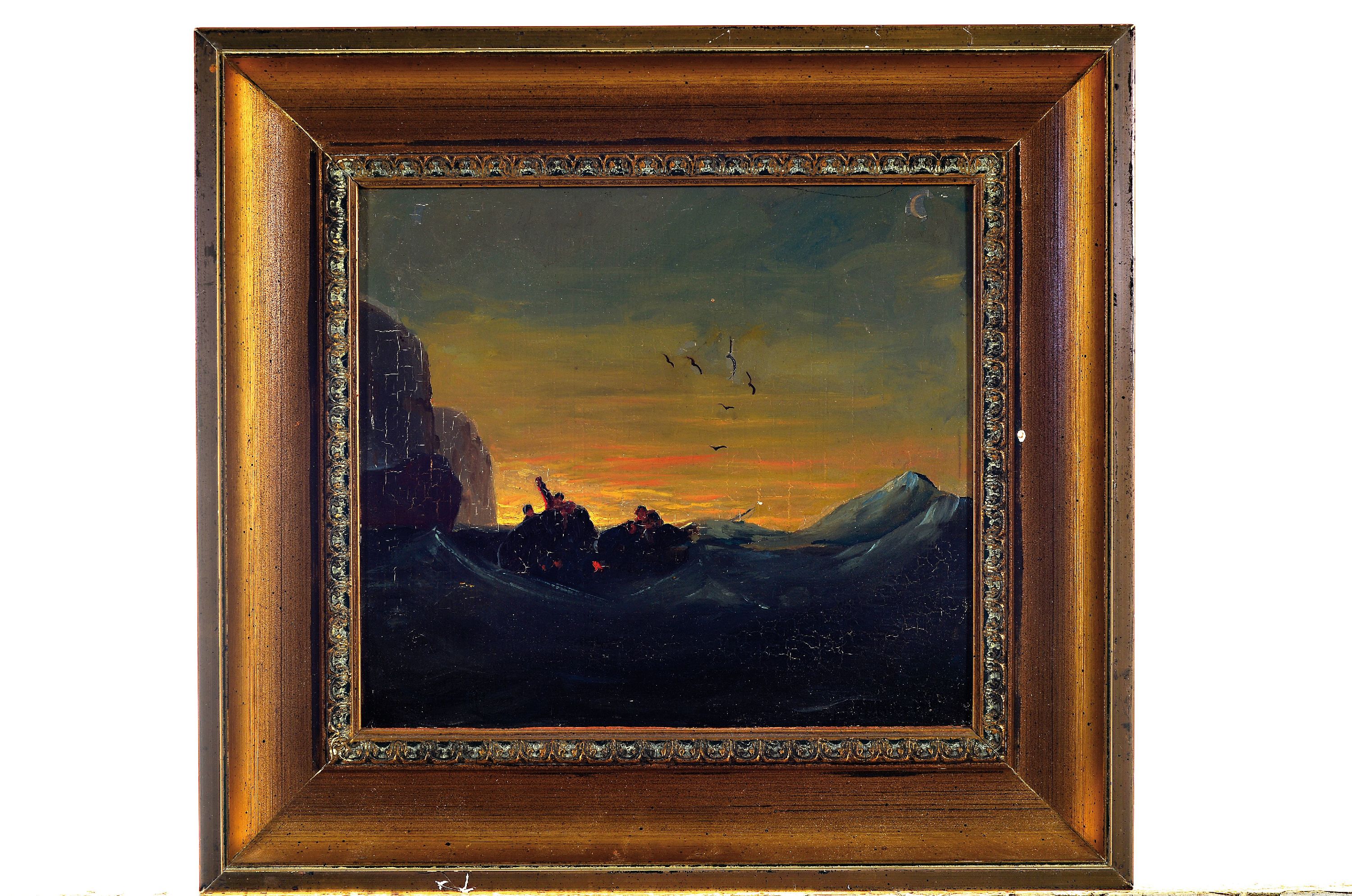 Detail k: Hermann Mevius, 1820 Breslau-1864 Düsseldorf, Fischer in Seenot auf einem kenternden Boot vor der Küste, Öl/Holz, rechts unten signiert und dat. ...