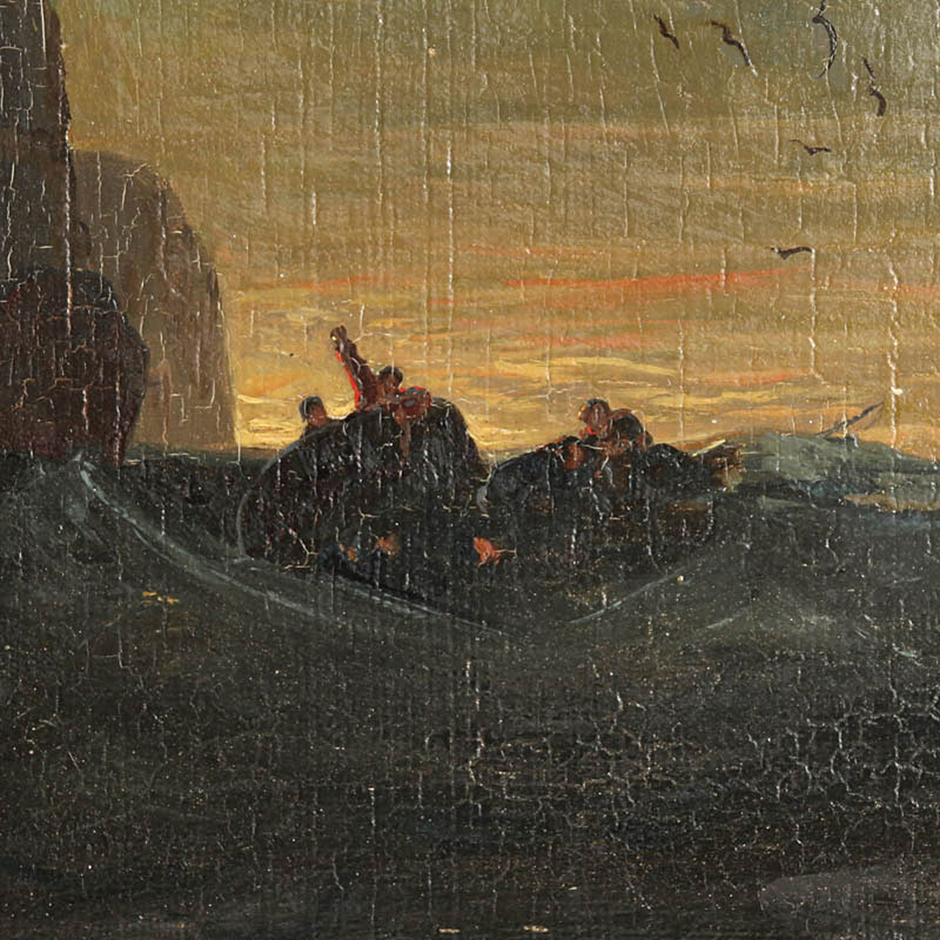 Detail l: Hermann Mevius, 1820 Breslau-1864 Düsseldorf, Fischer in Seenot auf einem kenternden Boot vor der Küste, Öl/Holz, rechts unten signiert und dat. ...