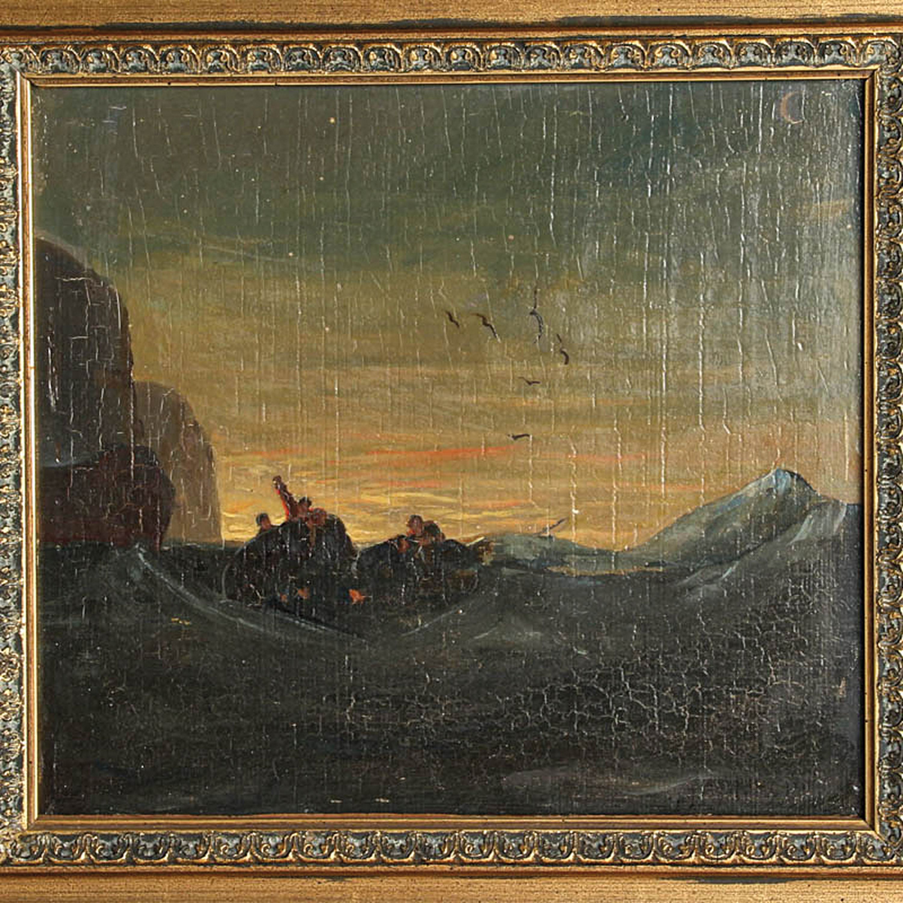 Detail m: Hermann Mevius, 1820 Breslau-1864 Düsseldorf, Fischer in Seenot auf einem kenternden Boot vor der Küste, Öl/Holz, rechts unten signiert und dat. ...