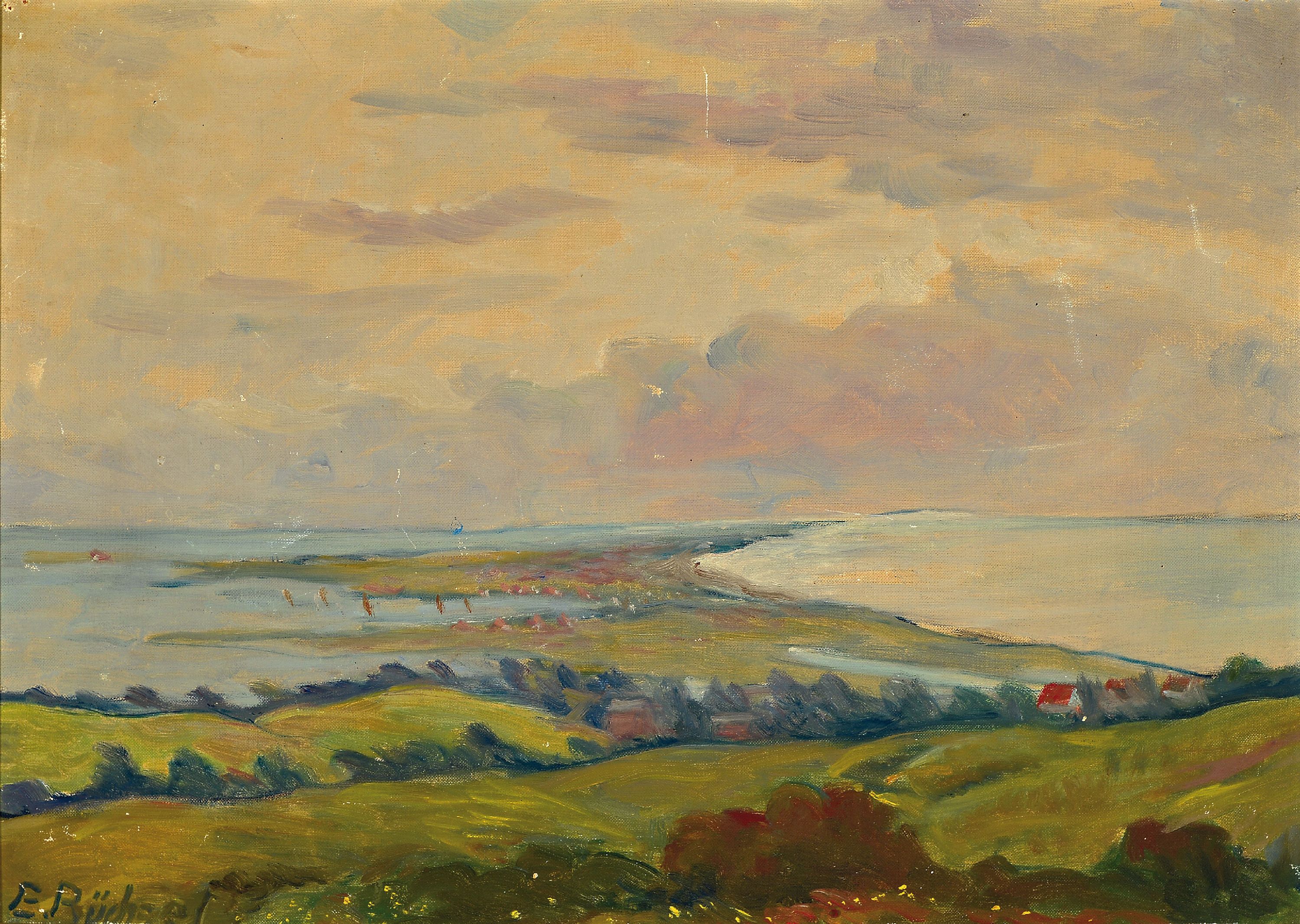 Elisabeth Büchsel, 1867-1957 Stralsund, Weite Boddenlandschaft, Öl/Malkarton, links unten signiert, mit leichten Oberflächen- schäden, ca. ...