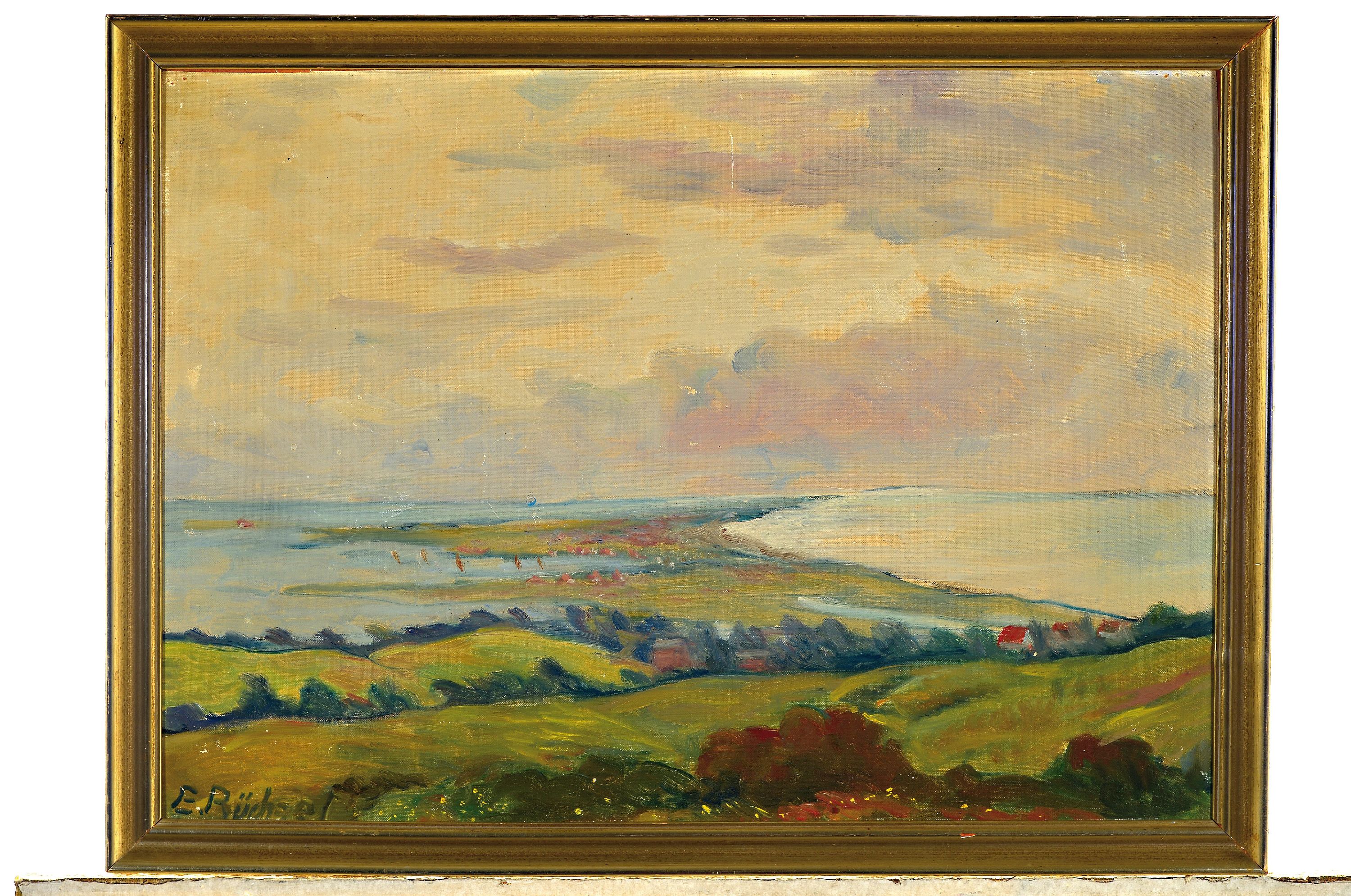 Detail k: Elisabeth Büchsel, 1867-1957 Stralsund, Weite Boddenlandschaft, Öl/Malkarton, links unten signiert, mit leichten Oberflächen- schäden, ca. ...