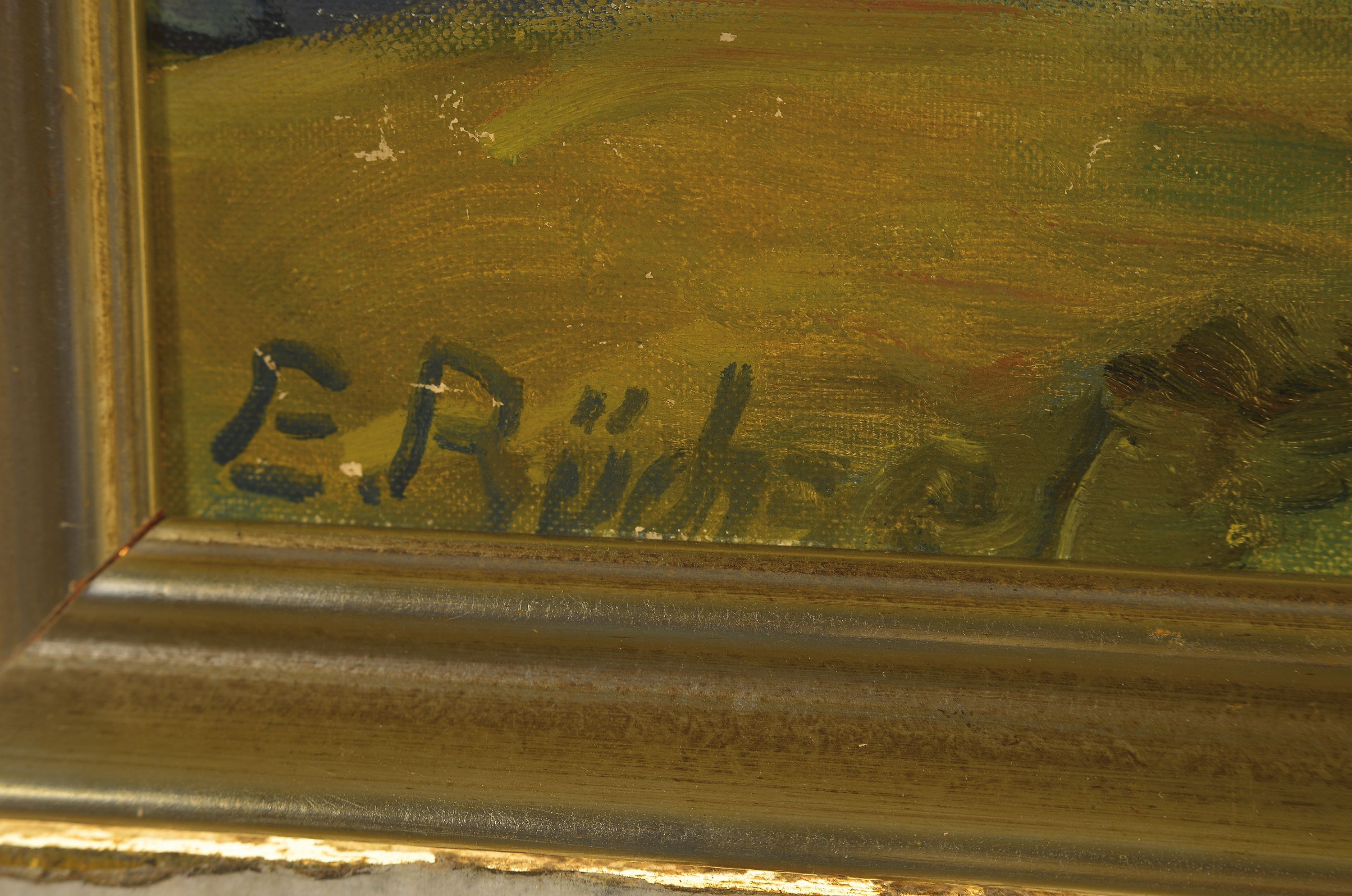 Detail l: Elisabeth Büchsel, 1867-1957 Stralsund, Weite Boddenlandschaft, Öl/Malkarton, links unten signiert, mit leichten Oberflächen- schäden, ca. ...