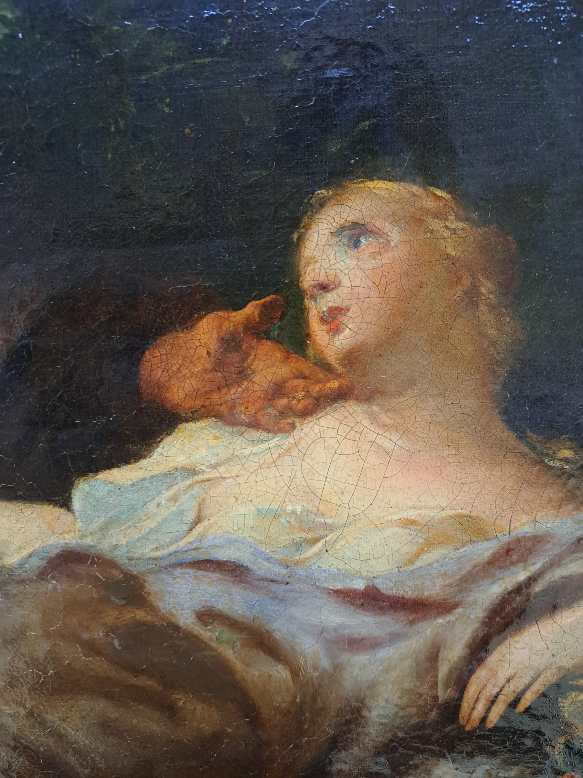 Detail a: Unbekannter Künstler des ausgehenden 18.Jh., antikisierende Szene, lagernde Göttin reicht einem Alten eine Schale, unsigniert, Öl/Lwd, restauriert ...