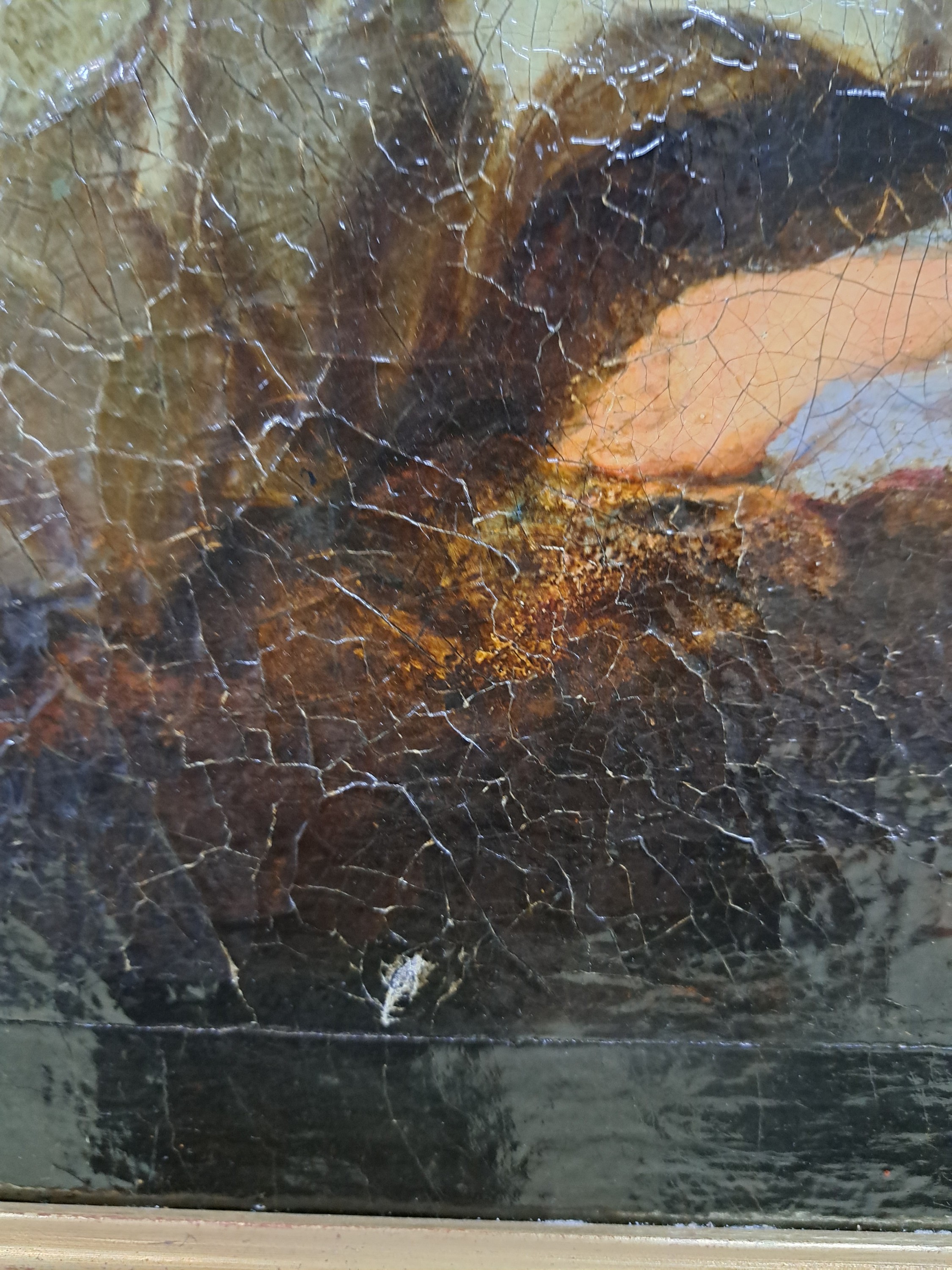 Detail b: Unbekannter Künstler des ausgehenden 18.Jh., antikisierende Szene, lagernde Göttin reicht einem Alten eine Schale, unsigniert, Öl/Lwd, restauriert ...