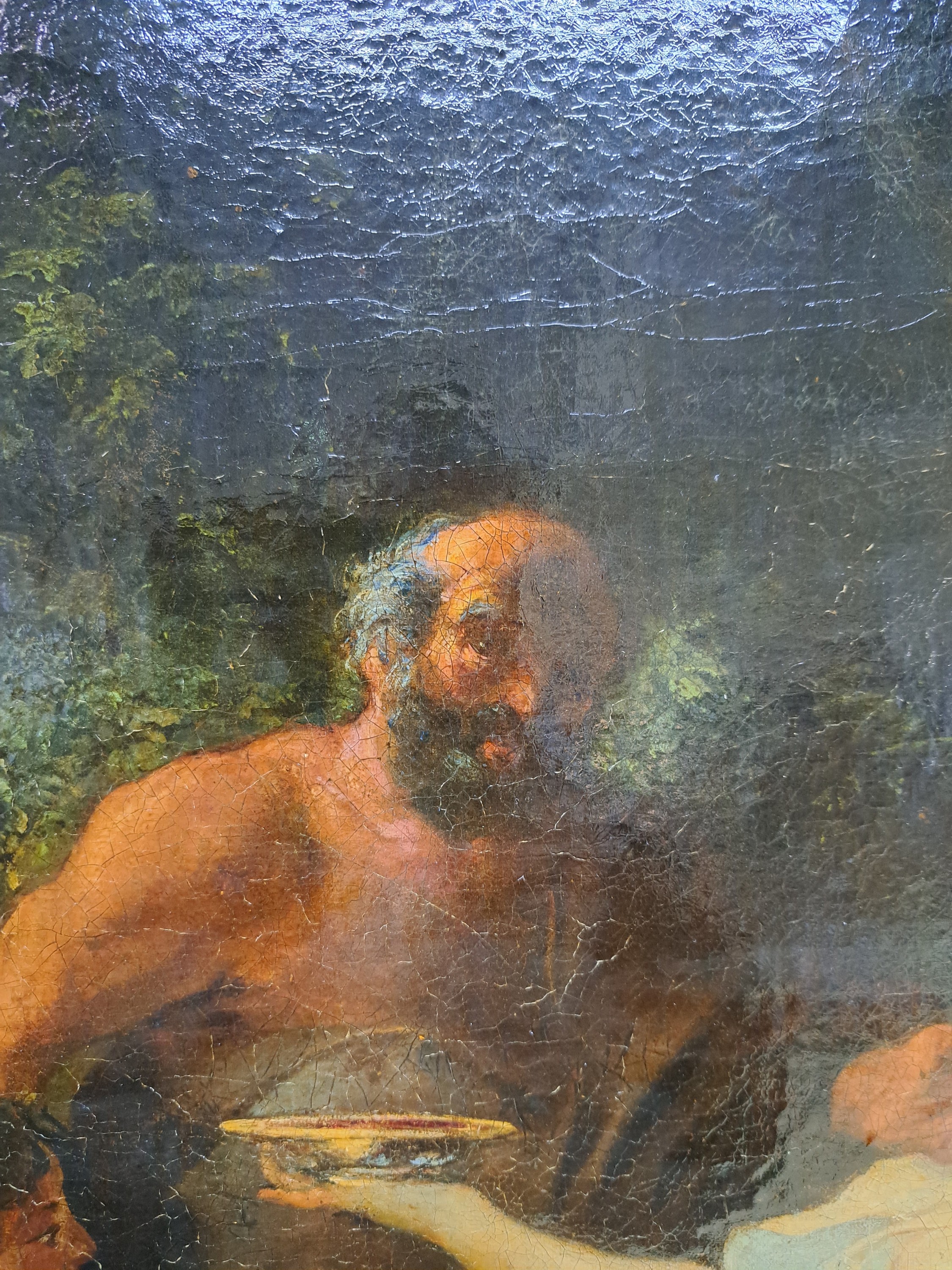 Detail p: Unbekannter Künstler des ausgehenden 18.Jh., antikisierende Szene, lagernde Göttin reicht einem Alten eine Schale, unsigniert, Öl/Lwd, restauriert ...