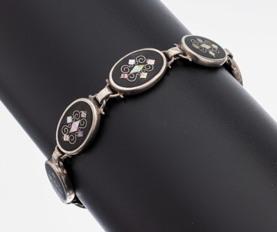 Image Pietra Dura Armband mit Perlmutteinlagen, um 1900, Sterlingsilber, ovale ...