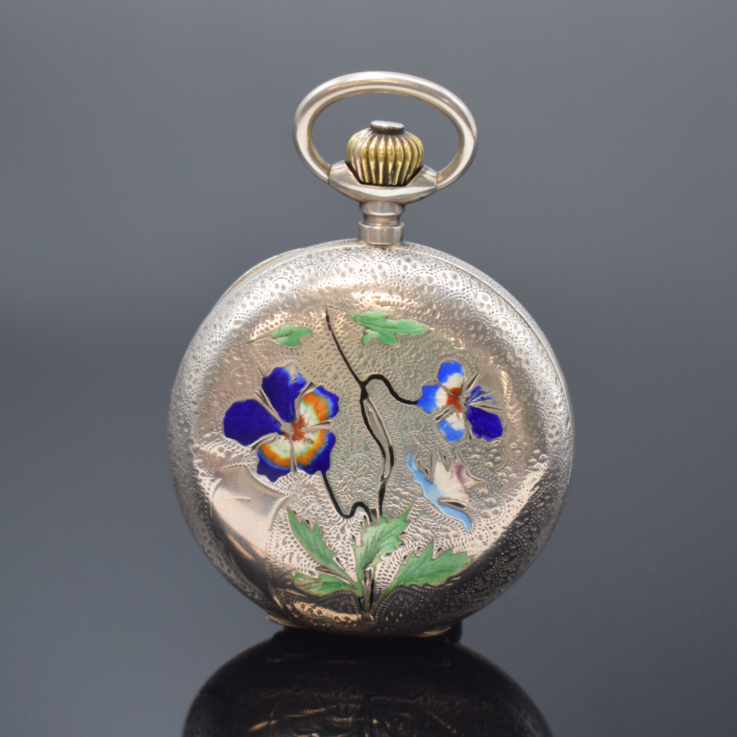 Detail b: PERFECTION W & D/WEBER & DUBOIS große Email- Silber-Savonette, Schweiz um 1900, fein grav. Geh., Beide Deckel floral emailliert teils. besch., ...