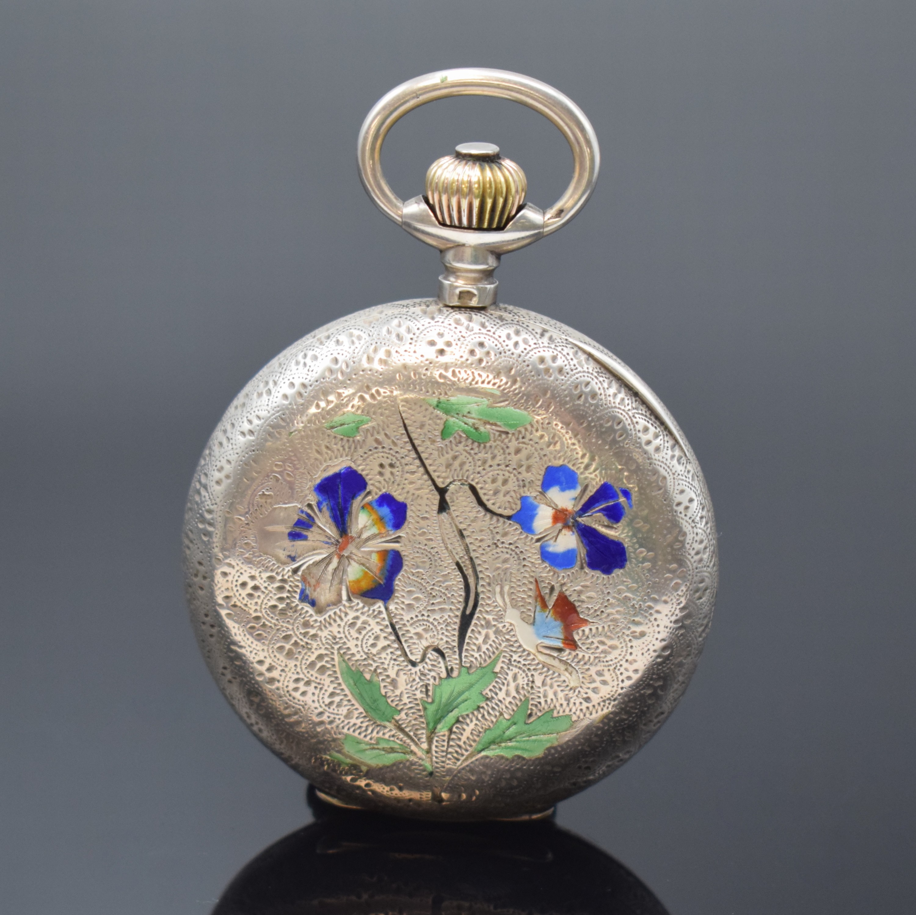 Detail c: PERFECTION W & D/WEBER & DUBOIS große Email- Silber-Savonette, Schweiz um 1900, fein grav. Geh., Beide Deckel floral emailliert teils. besch., ...