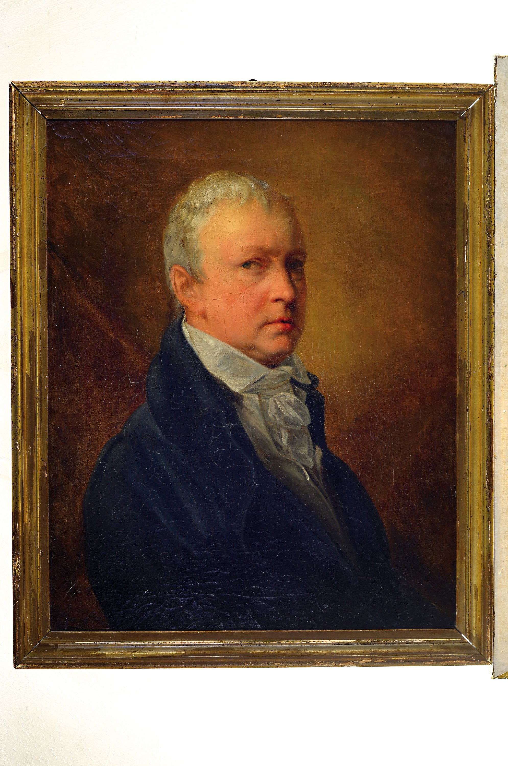 Detail k: Zuschreibung: Heinrich Friedrich Füger, 1751 Heilbronn-1818 Wien, Selbstbildnis des Künstlers im blauen Mantel, Bruststück im Dreiviertelprofil, ...