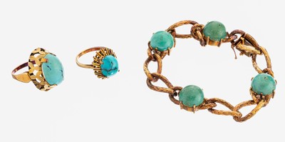 Image 14 kt Gold Türkis-Konvolut, GG 585/000, Armband mit 4 runden Türkiscabochons ...