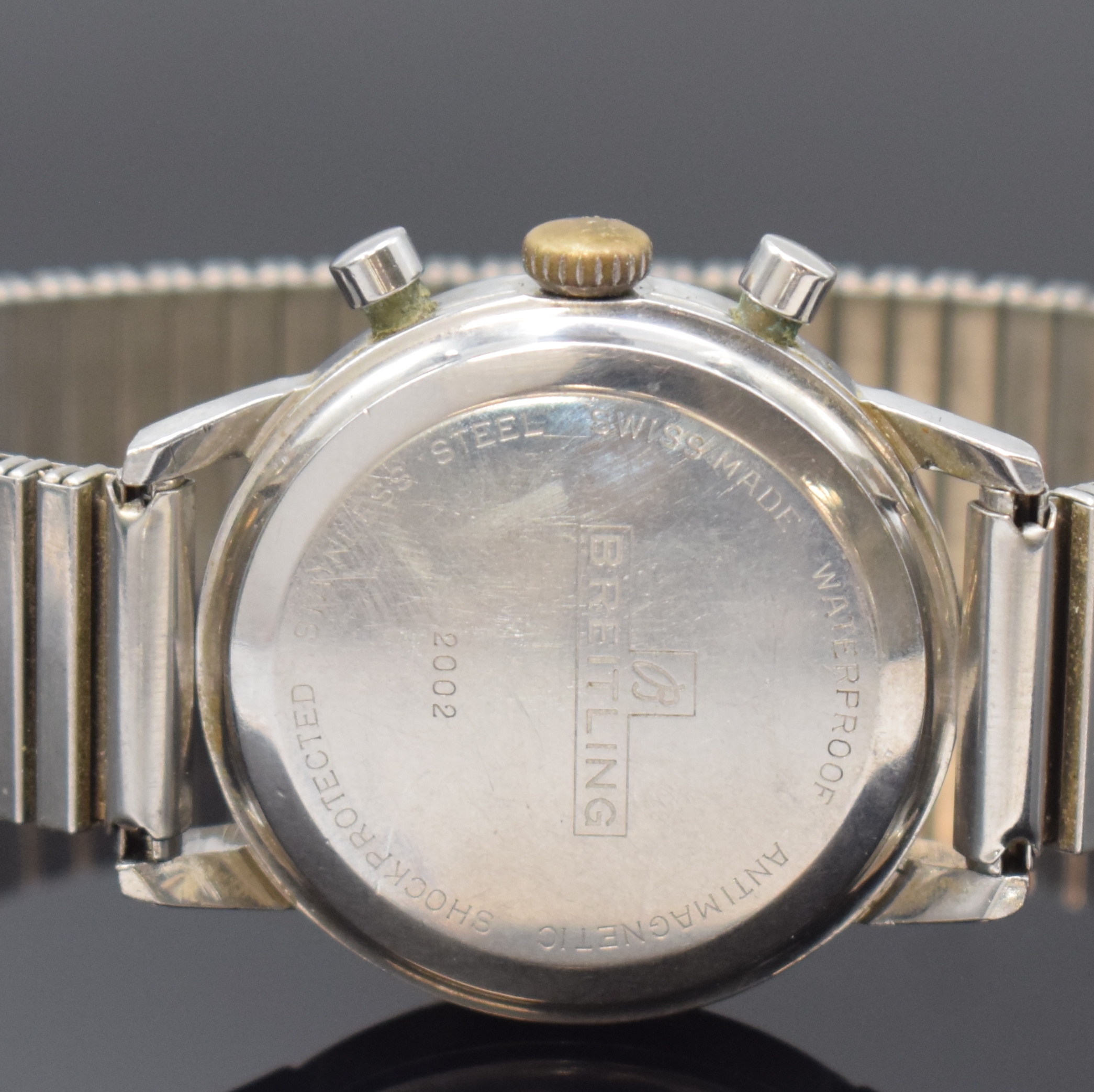 Detail c: BREITLING Armbandchronograph TOP TIME Referenz 2002, Schweiz um 1960, Handaufzug, Edelstahl-Einschalengeh., neutr. Flexband, 17 St., Basiskal. Venus ...