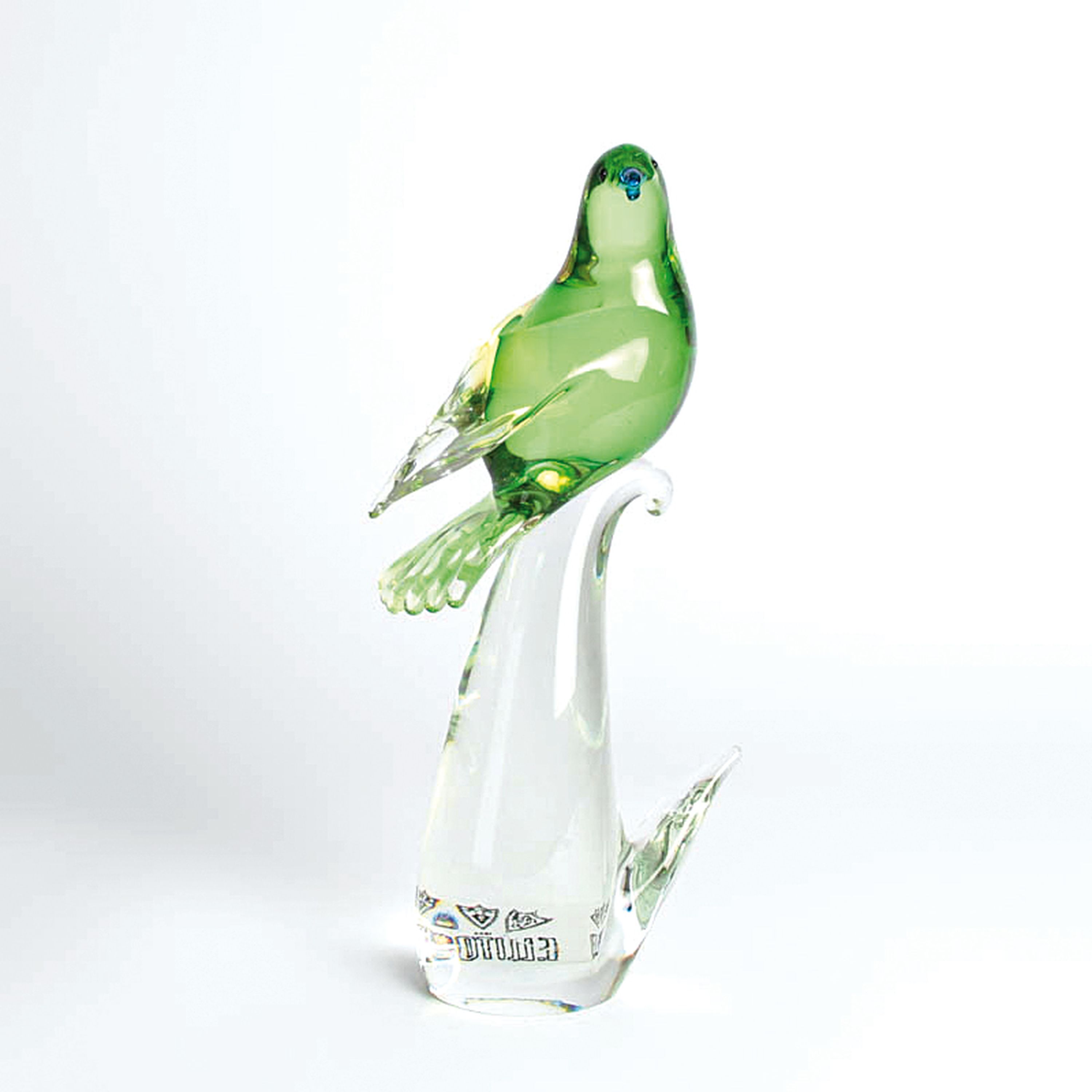 Detail b: Zwei Glasskulpturen Vögel, Fratelli Toso, Murano, 1970er-Jahre, grün getöntes Glas, mit Hersteller-Etikett, H. 30/34 cm