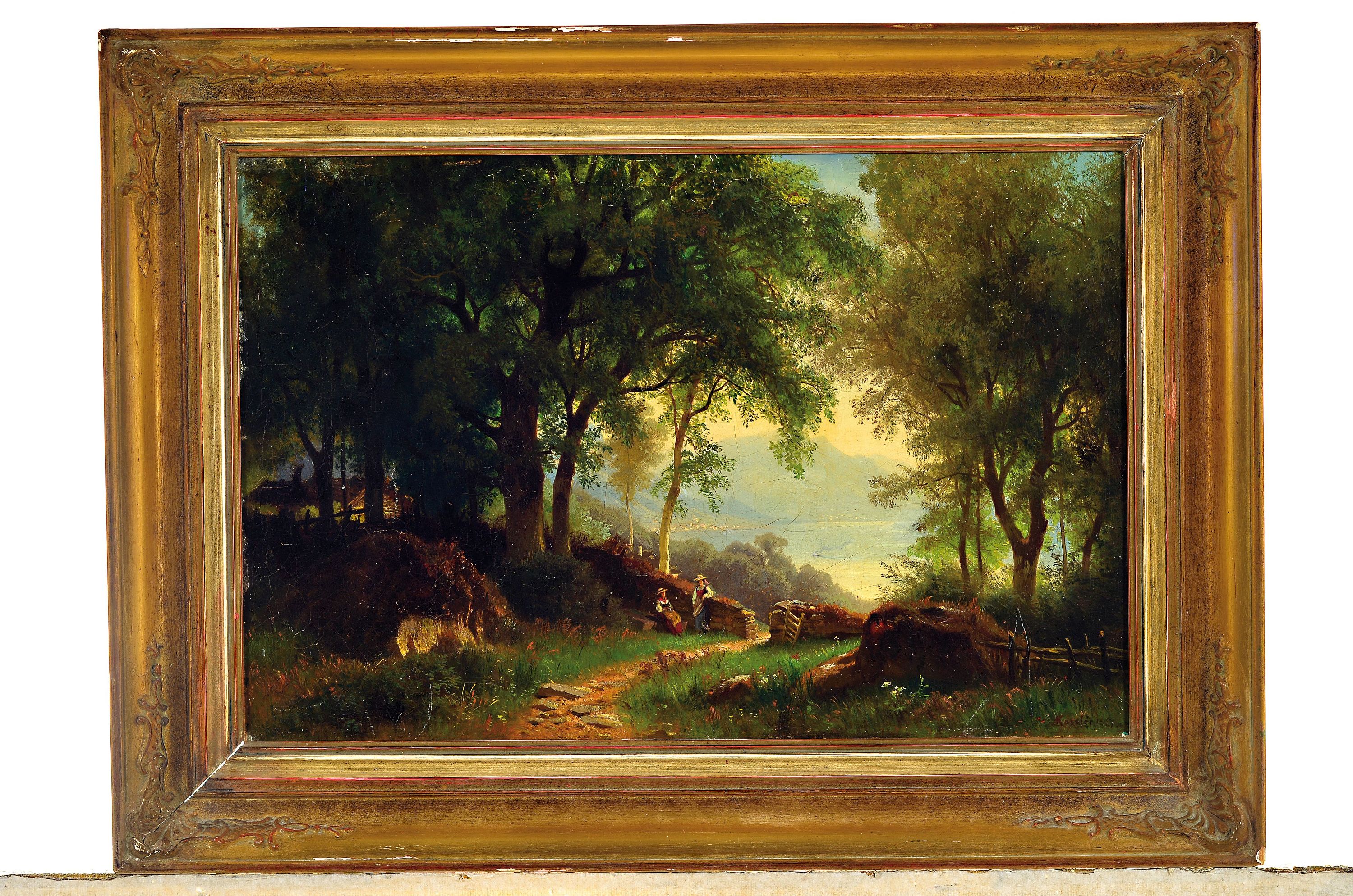 Detail k: Friedrich August Kessler, 1826 Tilsit-1906 Düsseldorf, Blick durch Bäume auf eine Bucht mit See, an einer Mauer lehnend zwei Frauen im Gespräch, ...