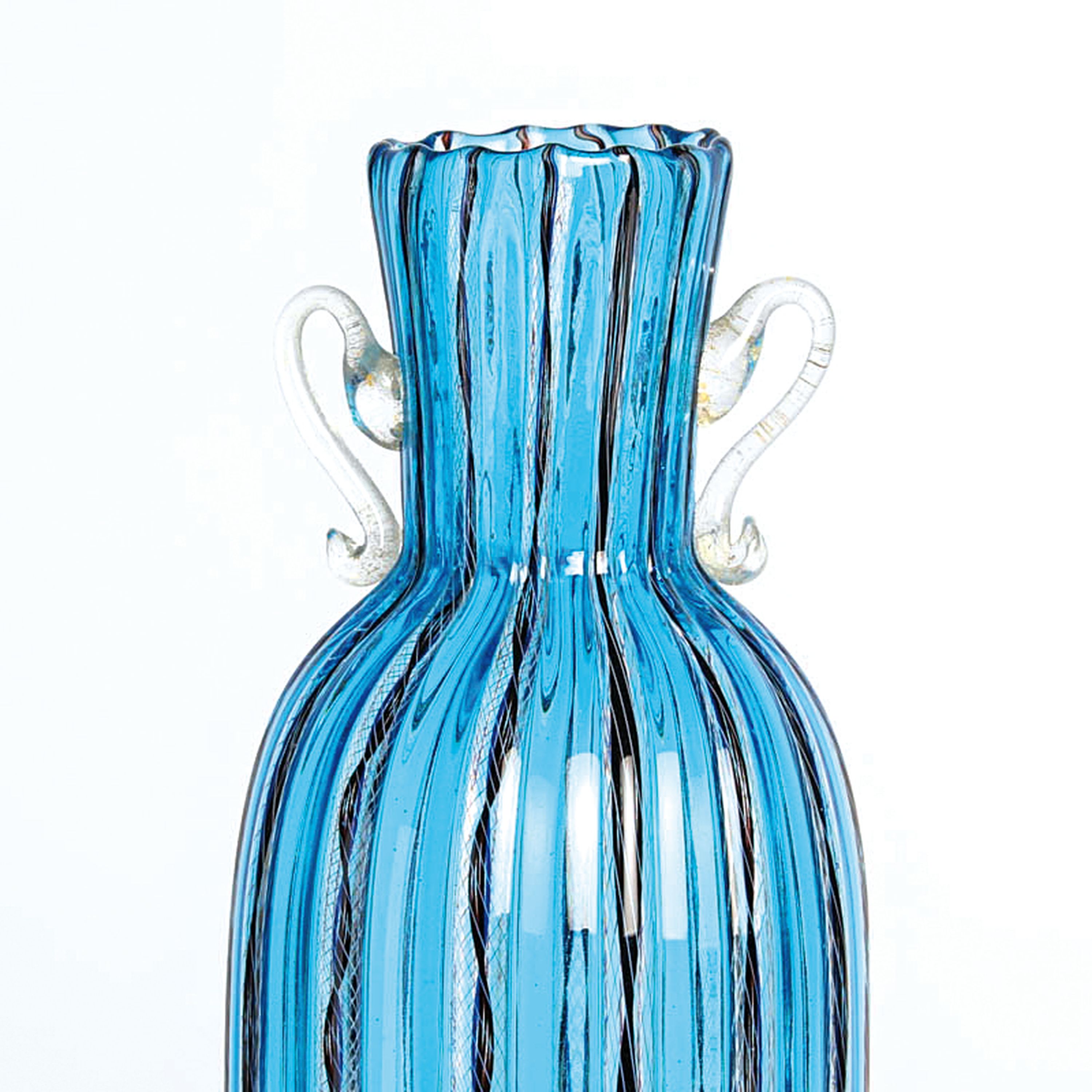 Detail f: 4 Zanfirico-Vasen in blauem Kolorit, Fratelli Toso, Murano, 1960-70, farbloses Glas in blauer Zanfirico-Technik, tlw. mit Herstelleretiketten, H. ...