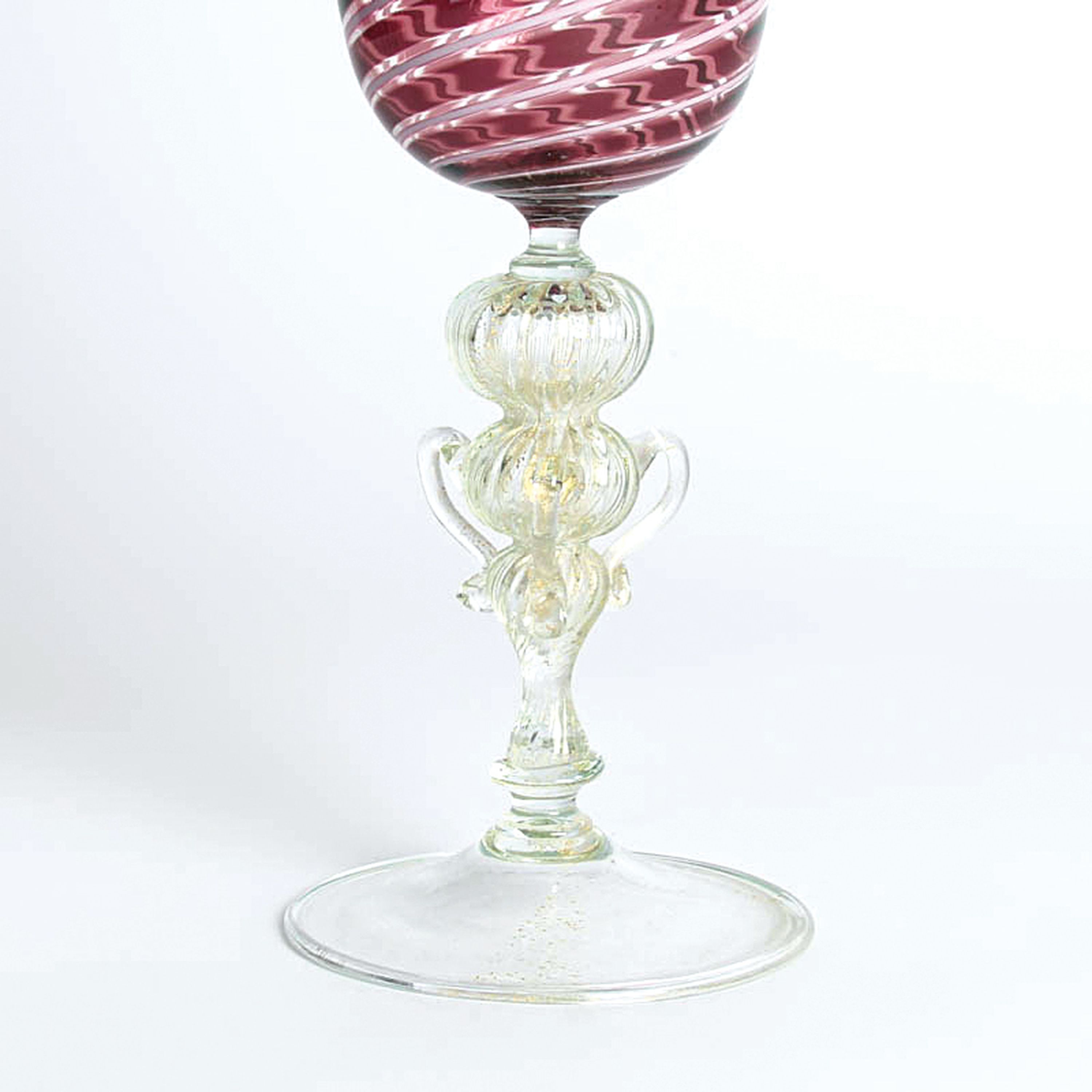 Detail d: 3 Zanfirico-Pokalgläser, Fratelli Toso, Murano, 1960er, farbloses Glas, unterschiedlich farbige Fadeneinschmelzungen, plastisch gestaltet Nodi, ...