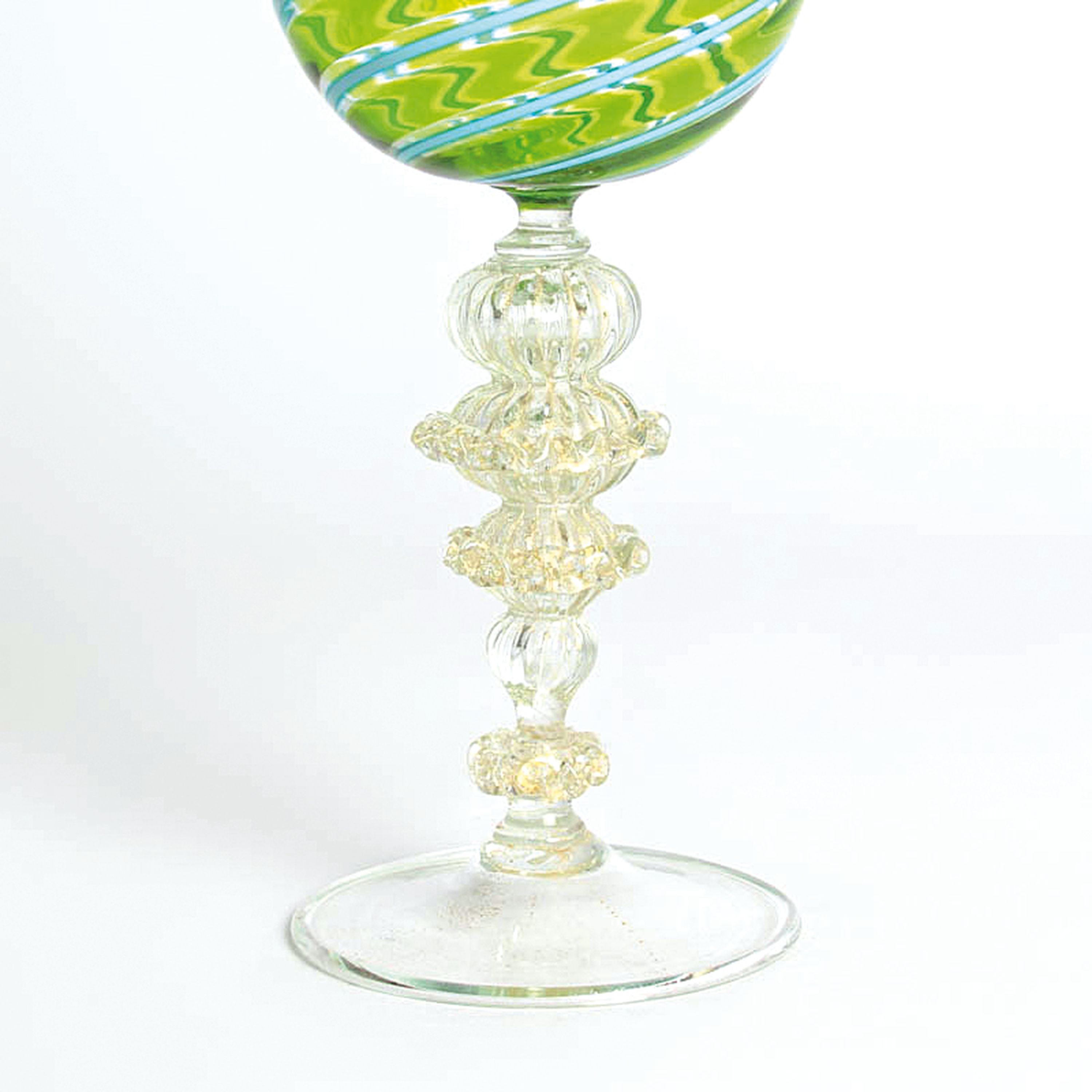 Detail k: 3 Zanfirico-Pokalgläser, Fratelli Toso, Murano, 1960er, farbloses Glas, unterschiedlich farbige Fadeneinschmelzungen, plastisch gestaltet Nodi, ...