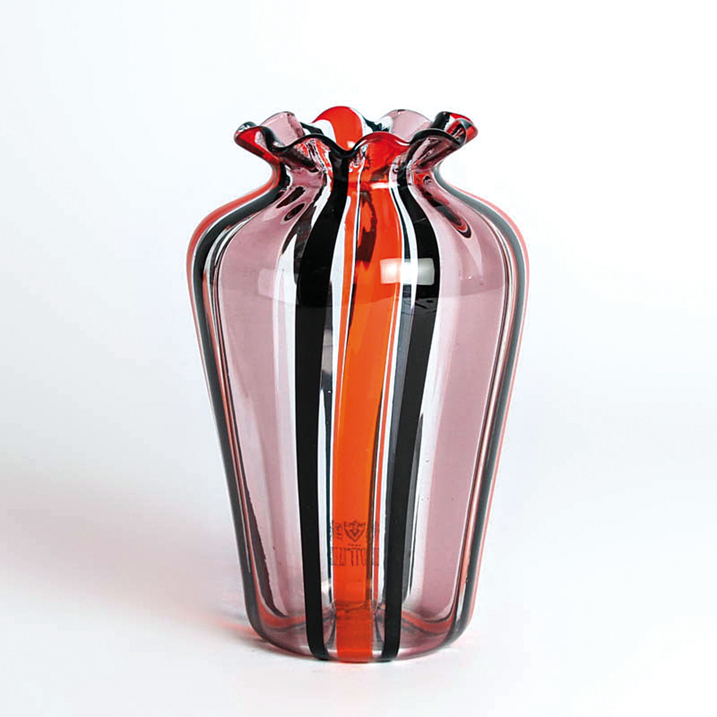 Detail a: 4 Glasvasen, Fratelli Toso, Murano, 1960-70, farbloses Glas, rot, schwarz und orangefarbene Fadeneinschmelzungen, H. 15-23 cm