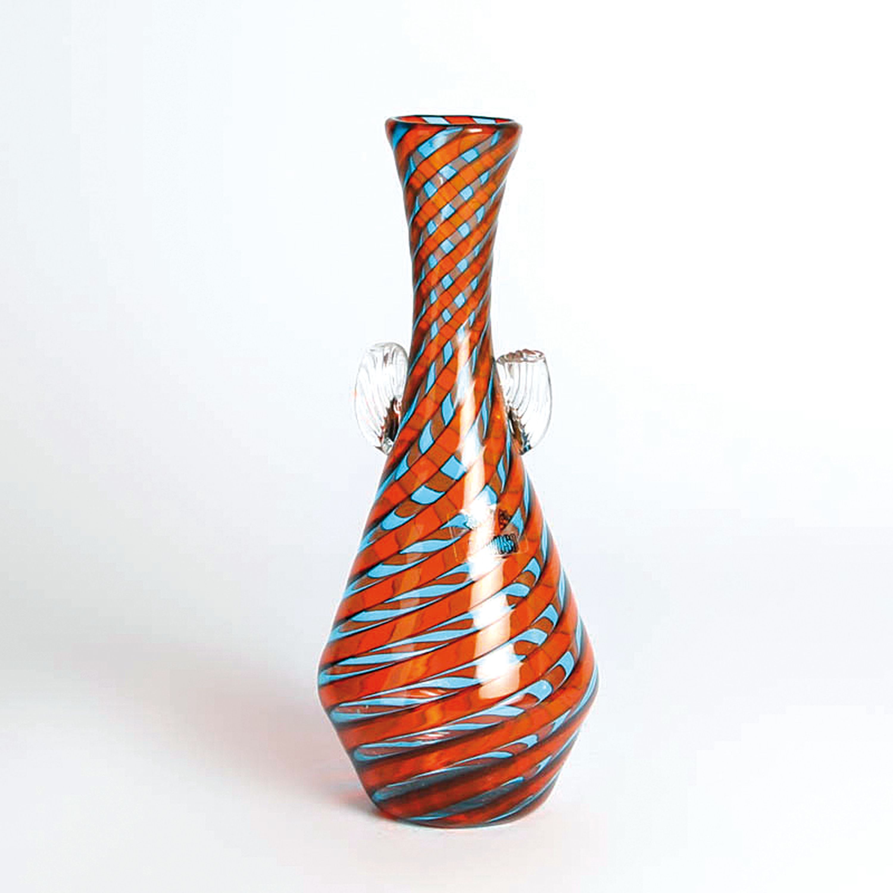 Detail c: 4 Glasvasen, Fratelli Toso, Murano, 1960-70, farbloses Glas, rot, schwarz und orangefarbene Fadeneinschmelzungen, H. 15-23 cm