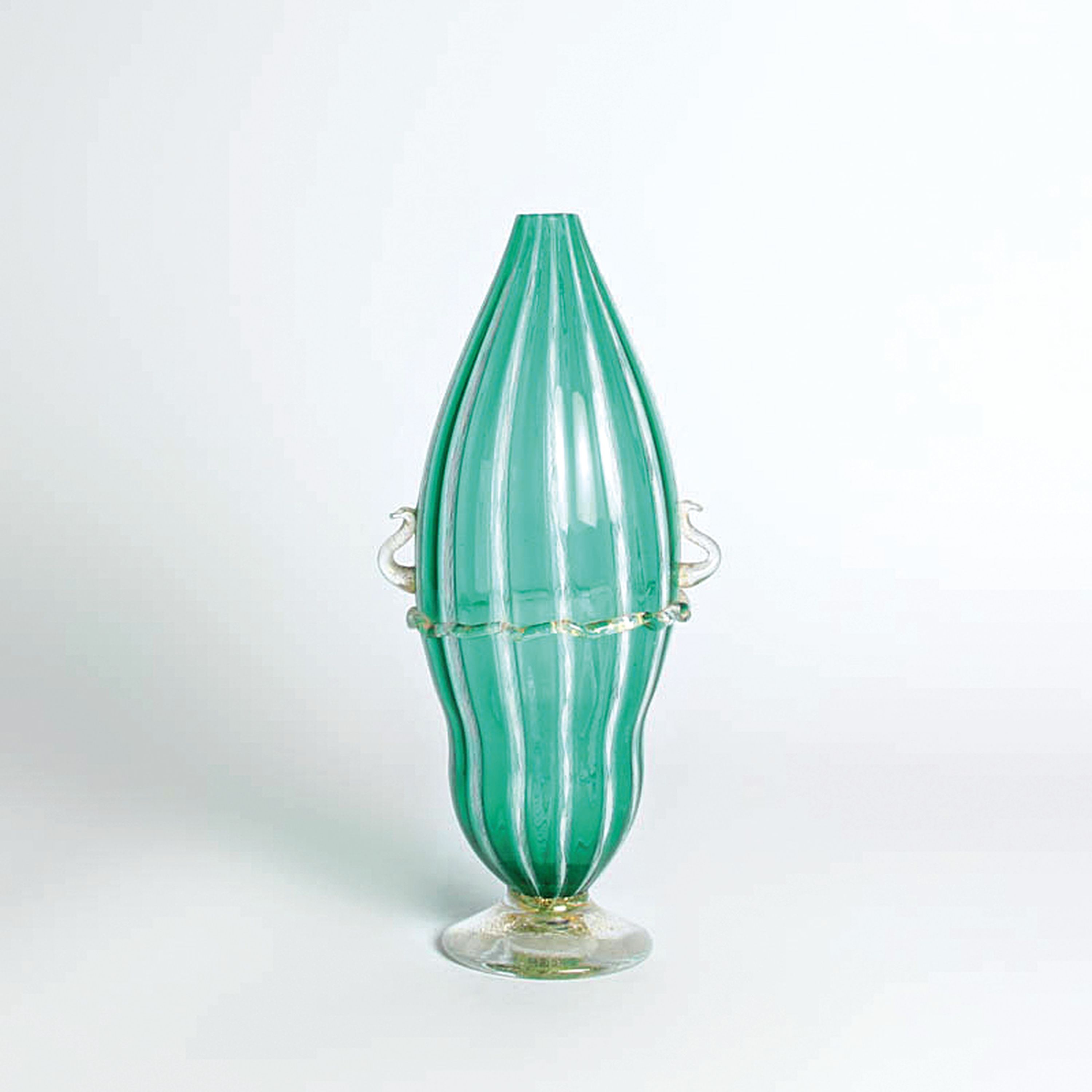 Detail a: 4 Zanfirico-Vasen in grünem Kolorit, Fratelli Toso, Murano, 1960-70, farbloses Glas, weiße gedrehte und grün-türkisfarbene Fadeneinschmelzungen, ...