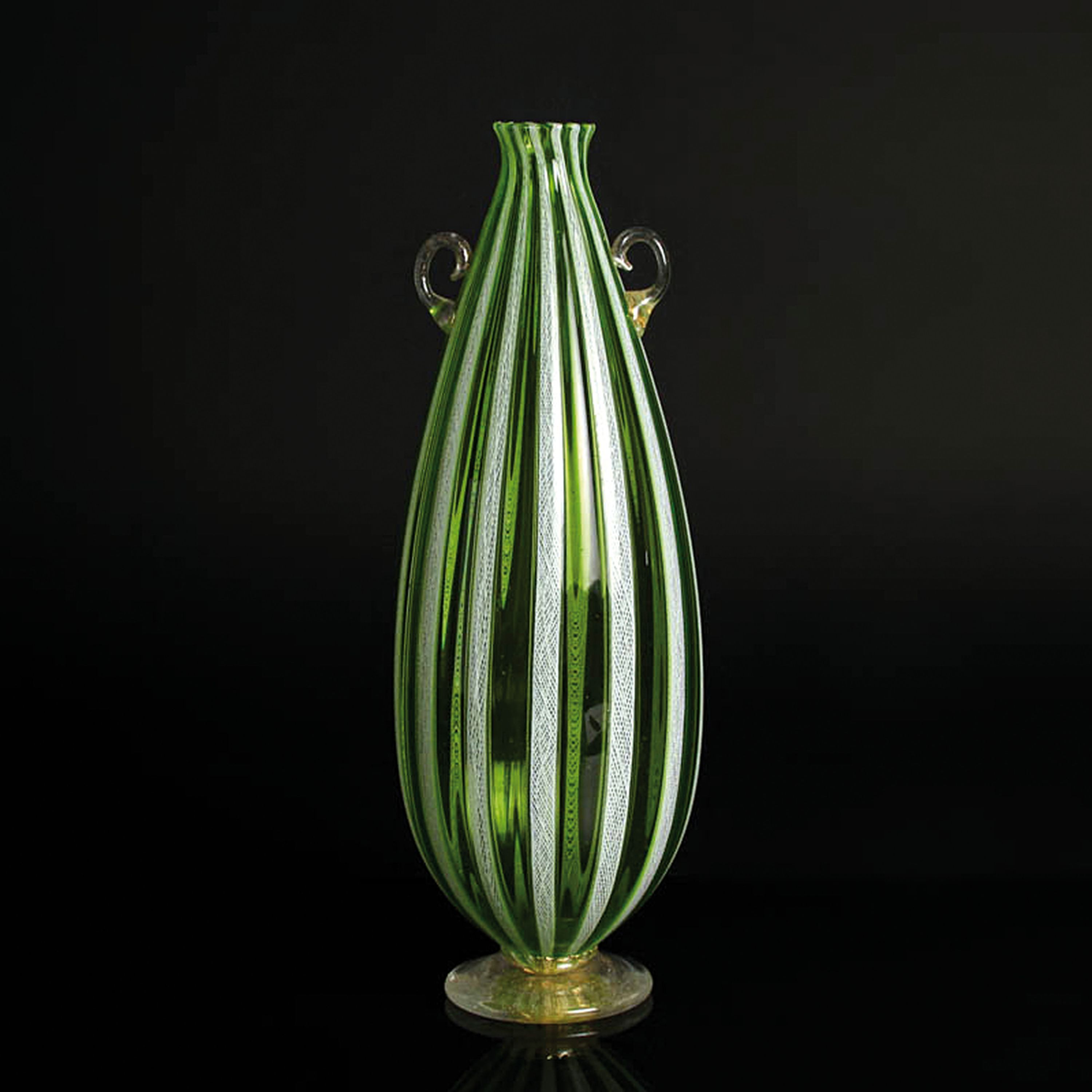 Detail b: 4 Zanfirico-Vasen in grünem Kolorit, Fratelli Toso, Murano, 1960-70, farbloses Glas, weiße gedrehte und grün-türkisfarbene Fadeneinschmelzungen, ...