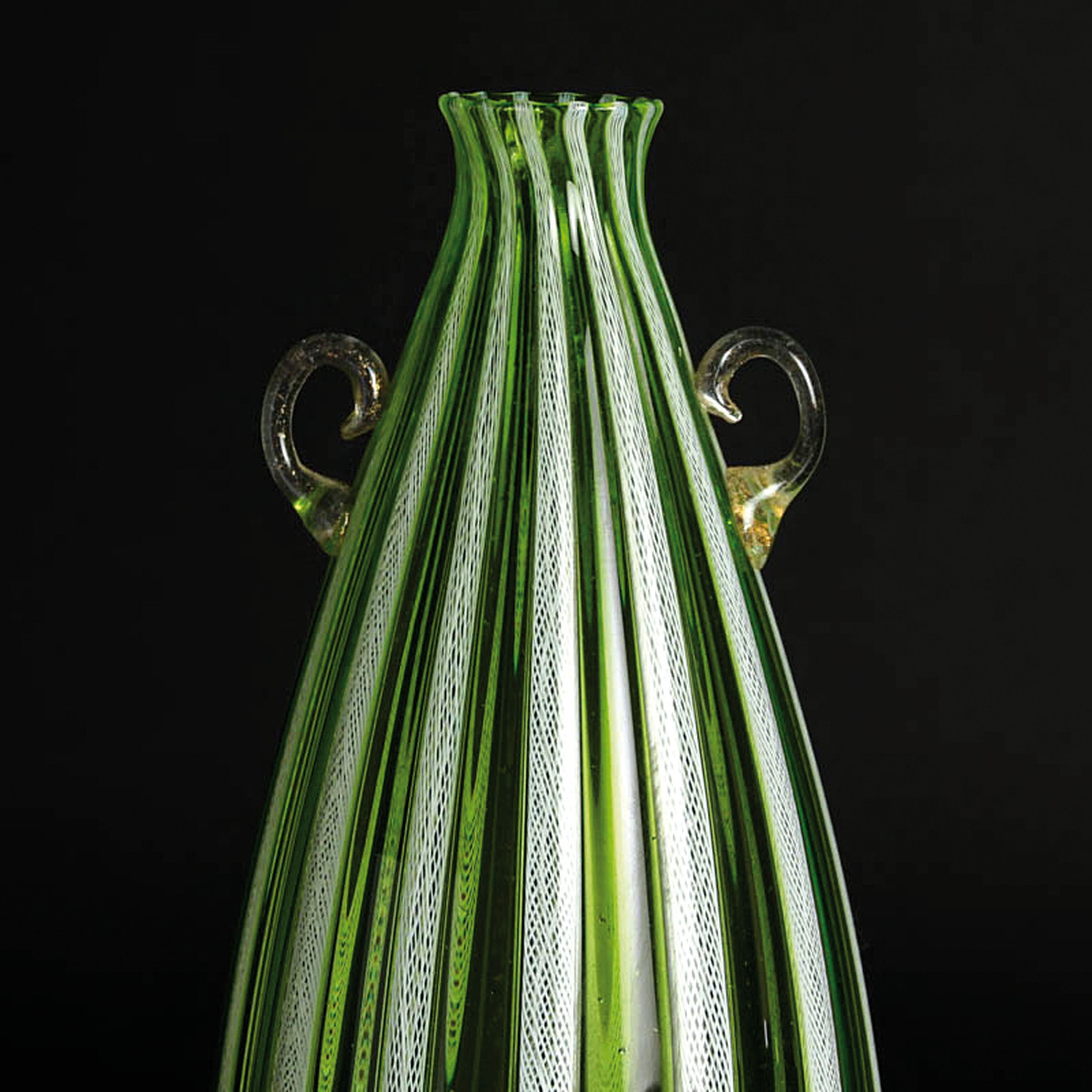 Detail m: 4 Zanfirico-Vasen in grünem Kolorit, Fratelli Toso, Murano, 1960-70, farbloses Glas, weiße gedrehte und grün-türkisfarbene Fadeneinschmelzungen, ...