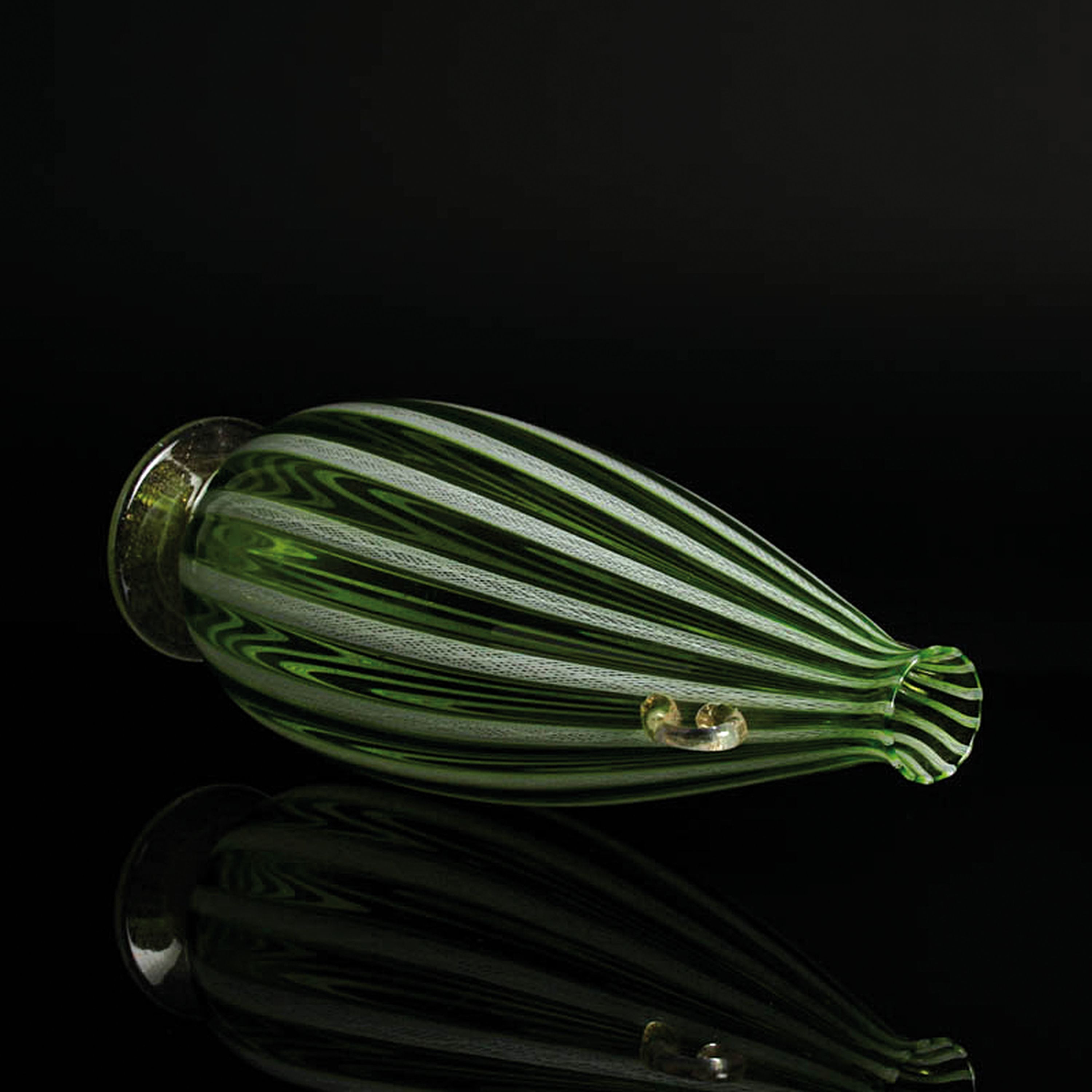 Detail o: 4 Zanfirico-Vasen in grünem Kolorit, Fratelli Toso, Murano, 1960-70, farbloses Glas, weiße gedrehte und grün-türkisfarbene Fadeneinschmelzungen, ...