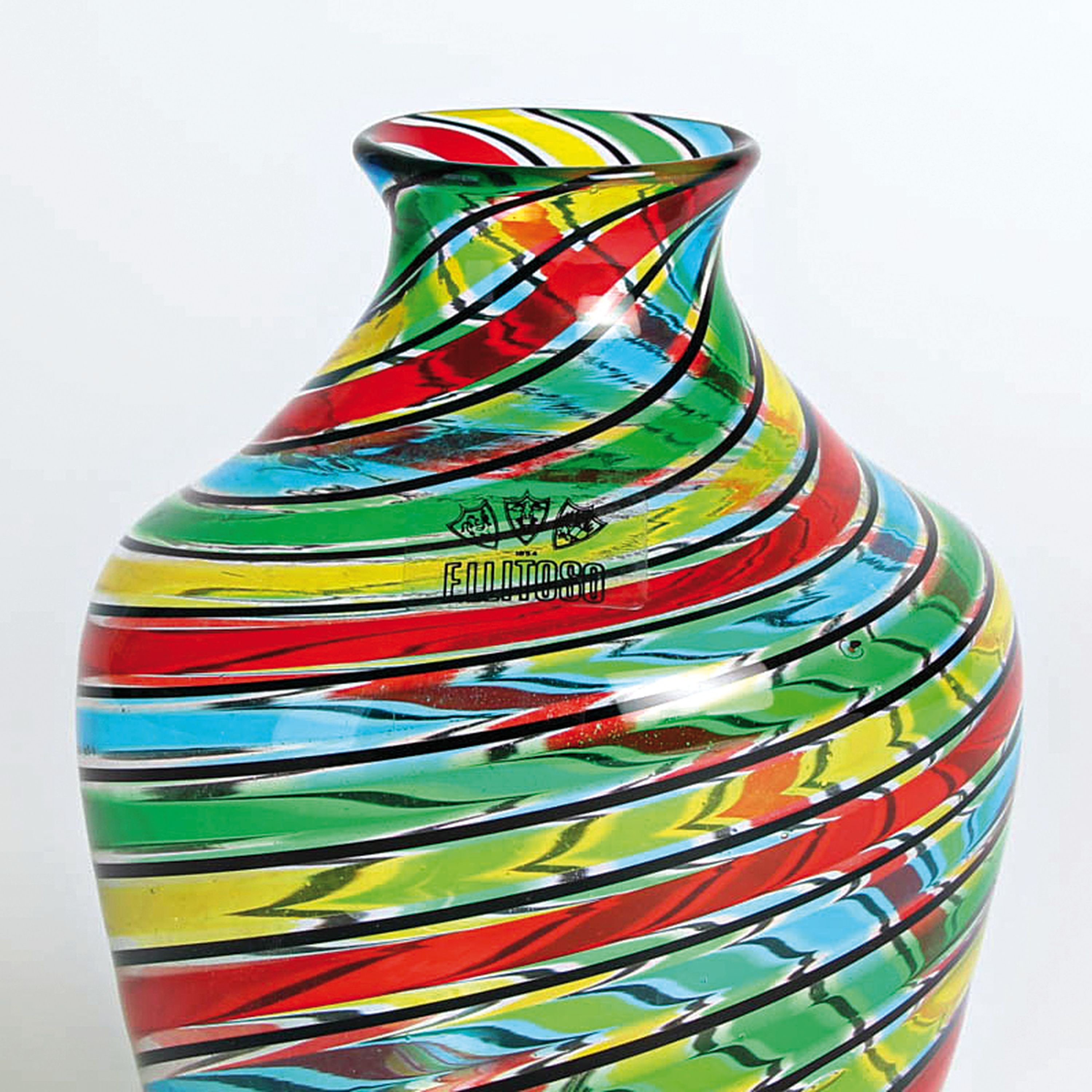 Detail d: 3 a Canne-Vasen, Fratelli Toso, Murano, 1960-70, farbloses Glas, vielfarbige Fadeneinschmelzungen in a Canne-Technik, Herstelleretiketten, H. 14-20 cm