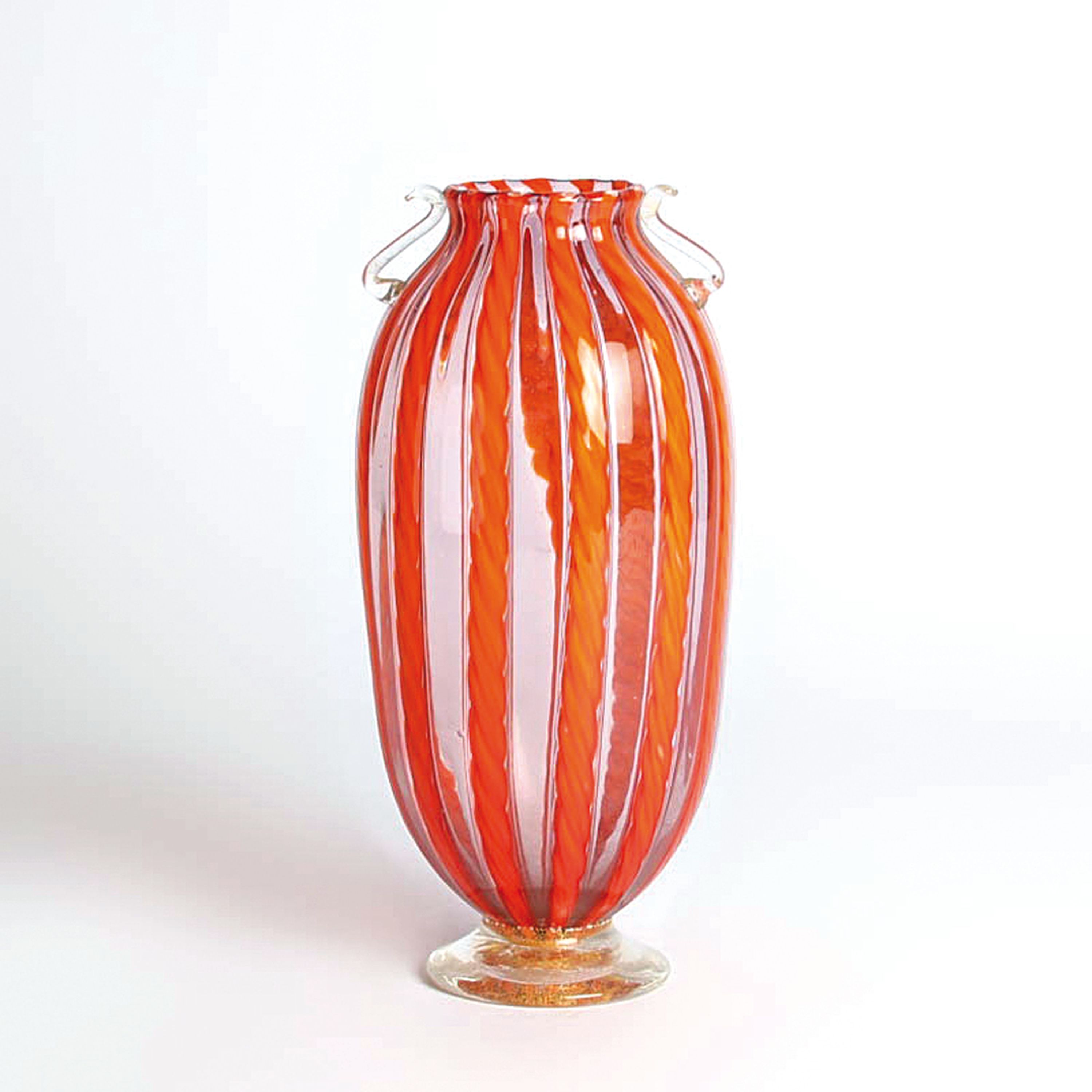 4 zanfirico-Vasen in rotem Kolorit, Fratelli Toso, Murano, 1960-70, farbloses Glas, rote, orangefarbene und blaue Fadeneinschmelzungen in ...