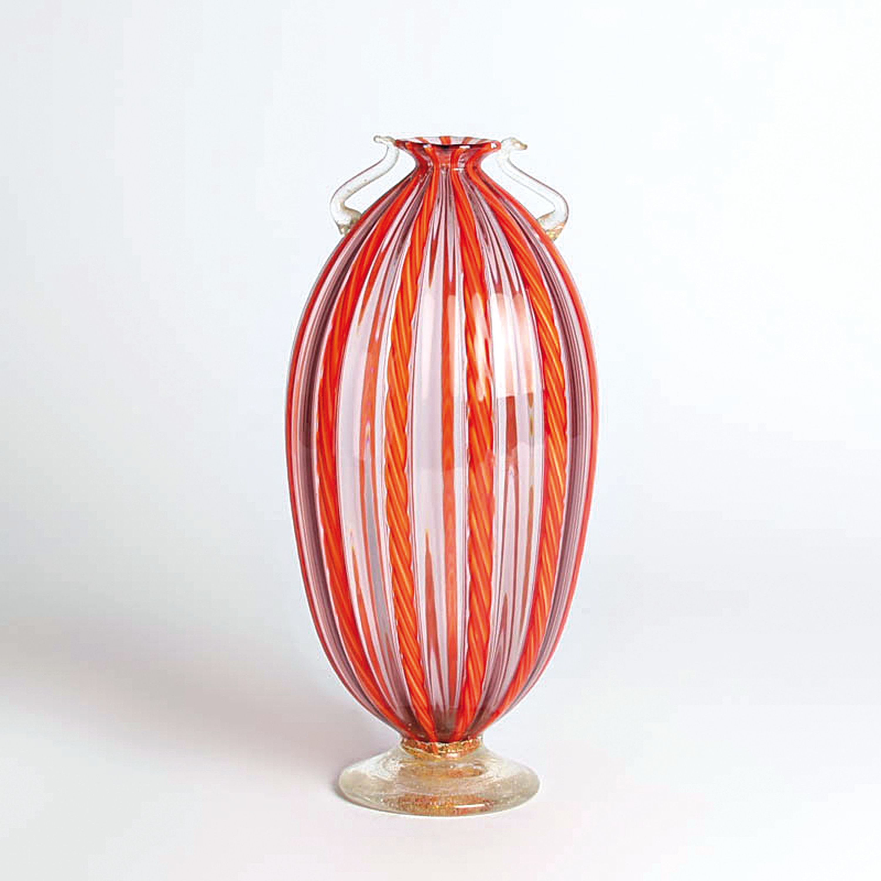 Detail c: 4 zanfirico-Vasen in rotem Kolorit, Fratelli Toso, Murano, 1960-70, farbloses Glas, rote, orangefarbene und blaue Fadeneinschmelzungen in ...