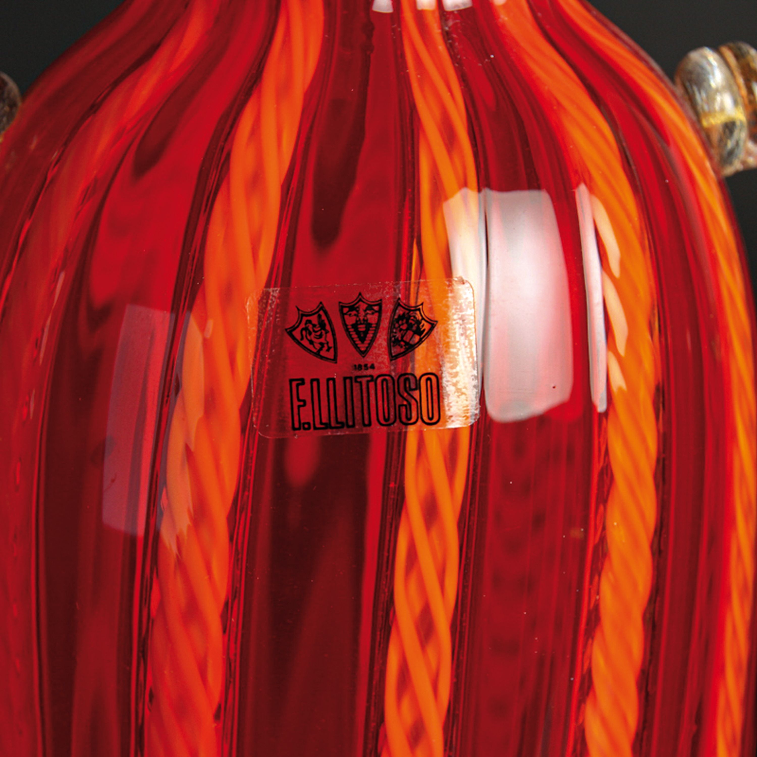 Detail n: 4 zanfirico-Vasen in rotem Kolorit, Fratelli Toso, Murano, 1960-70, farbloses Glas, rote, orangefarbene und blaue Fadeneinschmelzungen in ...