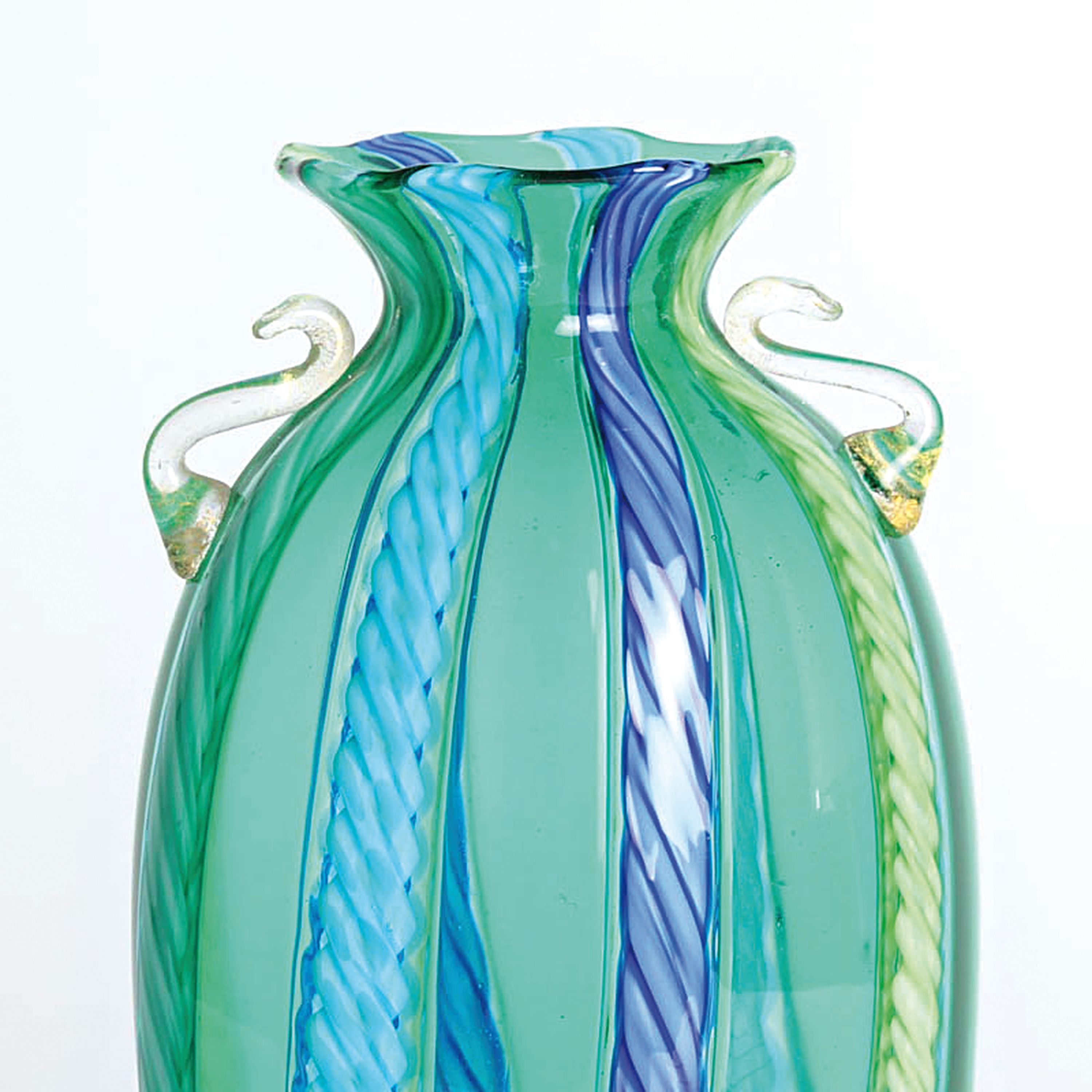 Detail c: 3 Zanfirico-Vasen, Fratelli Toso, Murano, 1960-70, farbloses Glas, verschiedenfarbige gedrehte Fadeneinschmelzungen in zanfirico -Technik, H. 24 cm