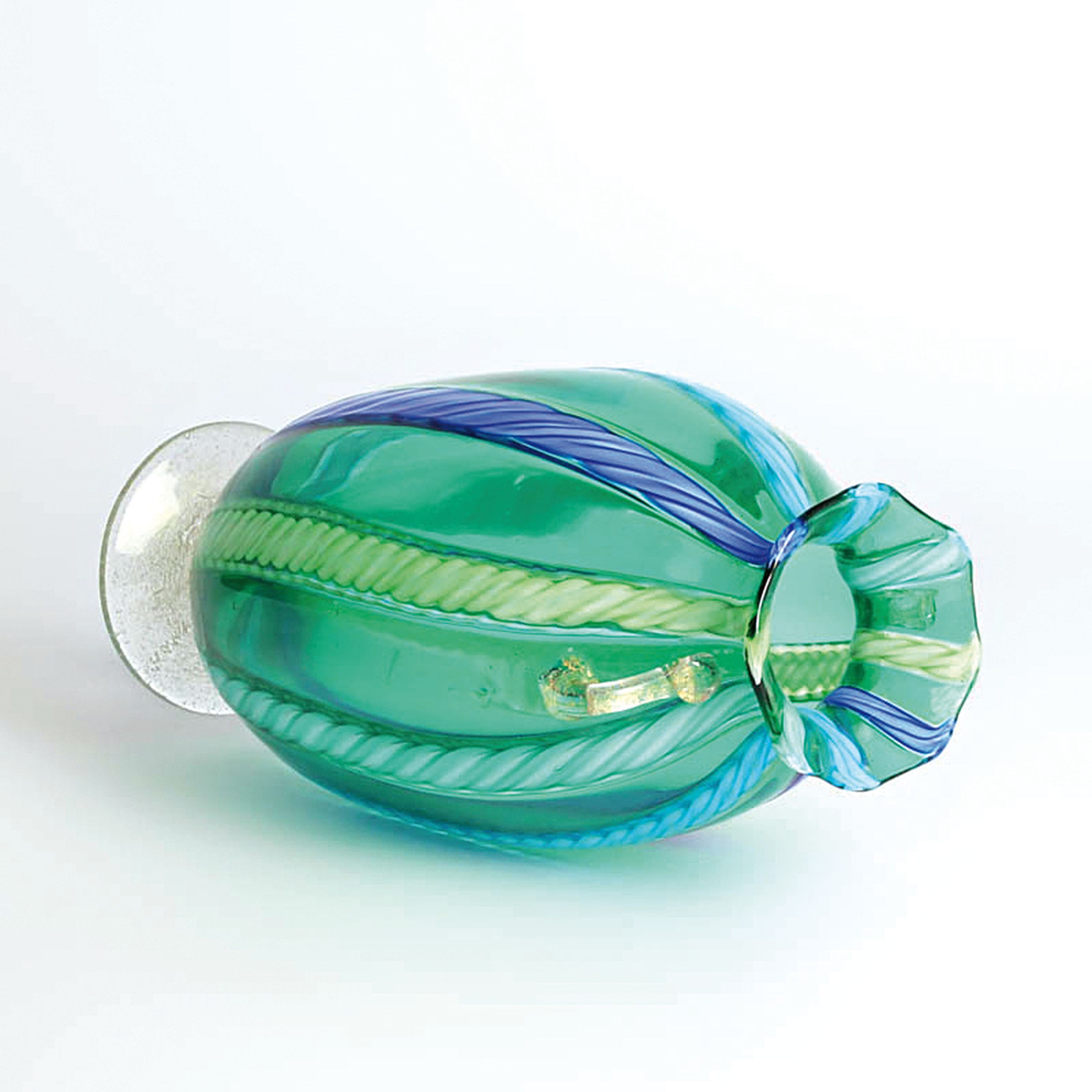 Detail d: 3 Zanfirico-Vasen, Fratelli Toso, Murano, 1960-70, farbloses Glas, verschiedenfarbige gedrehte Fadeneinschmelzungen in zanfirico -Technik, H. 24 cm