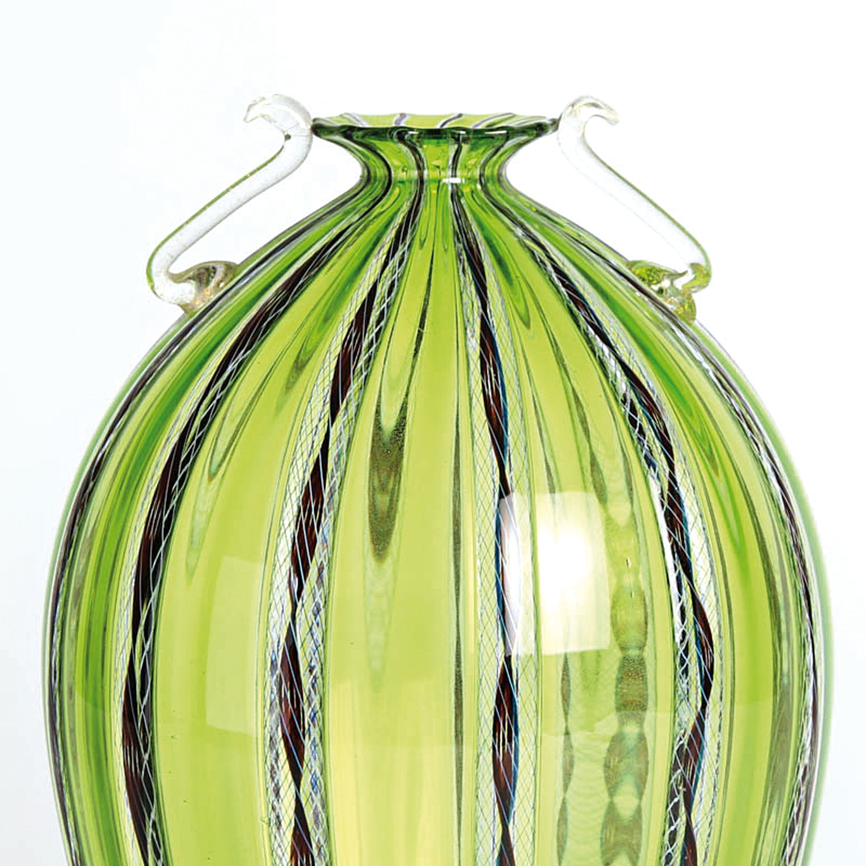 Detail d: 2 Zanfirico-Vasen, Fratelli Toso, Murano, 1960-70, farbloses Glas, grün/pinke, weiße und schwarze gedrehte Fadeneinschmelzungen in ...