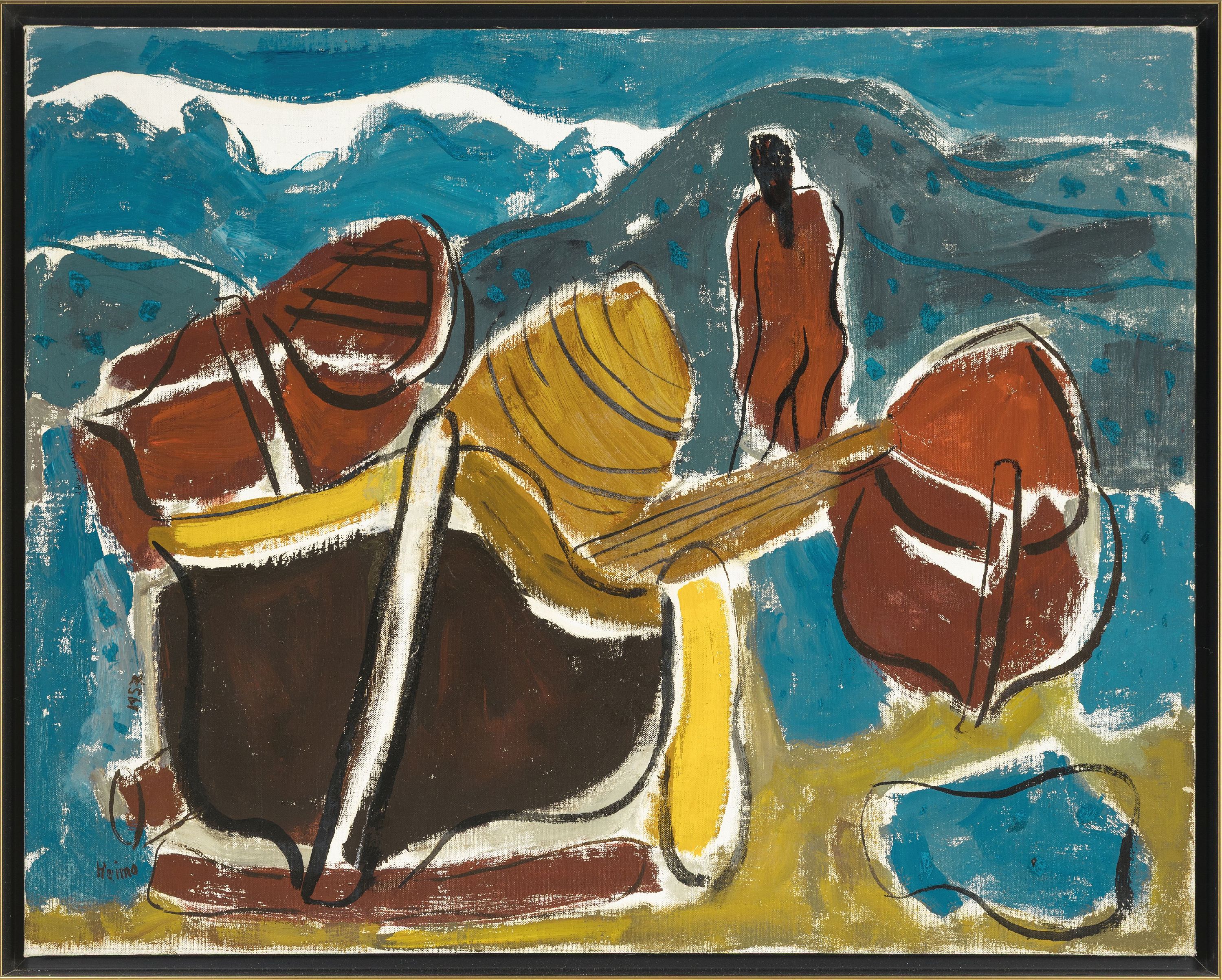 Detail k: Heimo Schöllkopf, 1888 Nürnberg - 1982 Gerlingen, südliche Landschaft mit ooten undBadender, (Mallorca", Öl/Tempera auf Leinwand signeirt ...