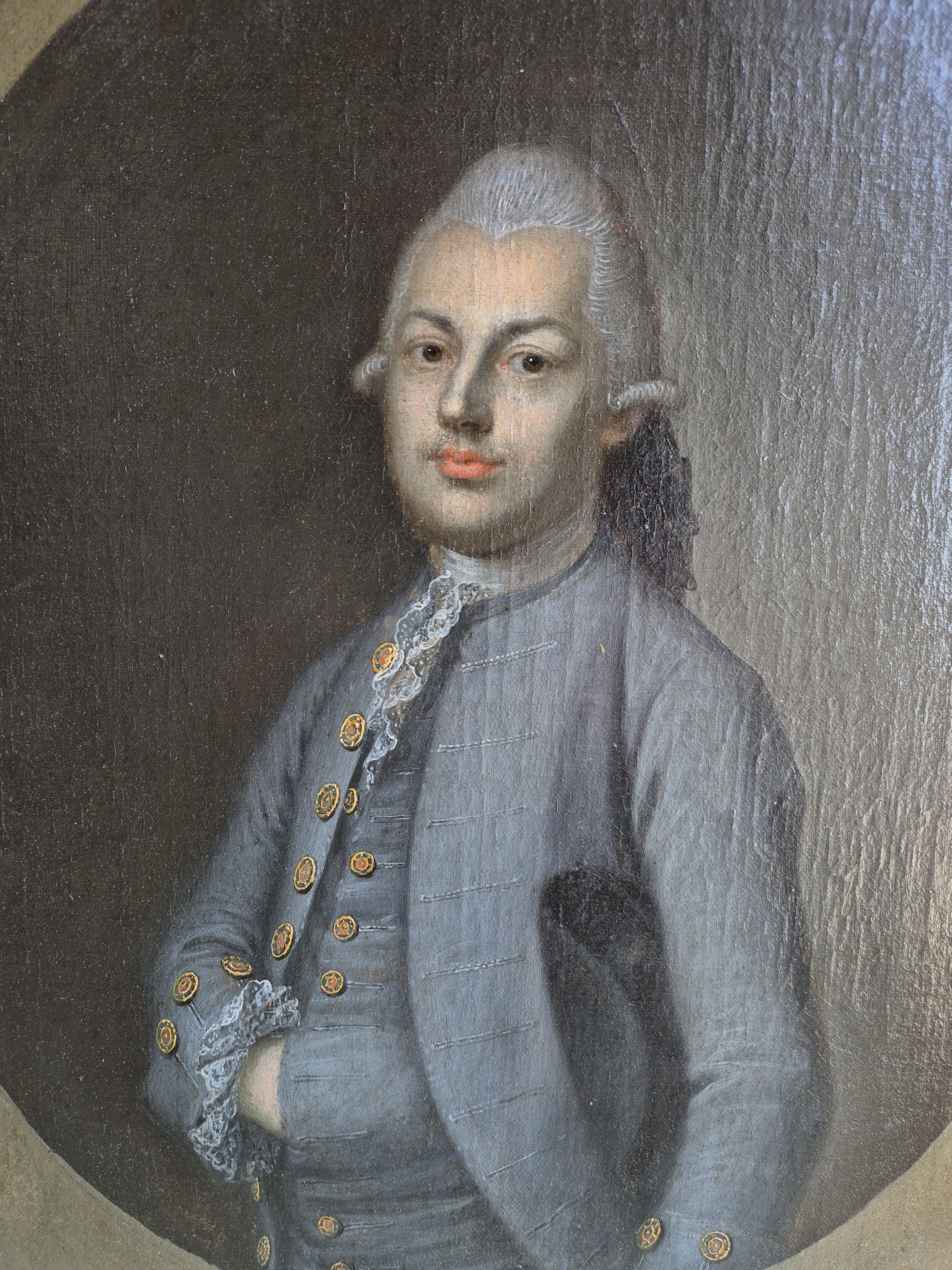 Detail a: Zuschreibung: Jacob Friedrich Dörr, 1750-1788 Tübingen, Bildnis des Christian von Gemelin (1750-1823) im blauen Anzug des Klassizismus, Hüftstück ...