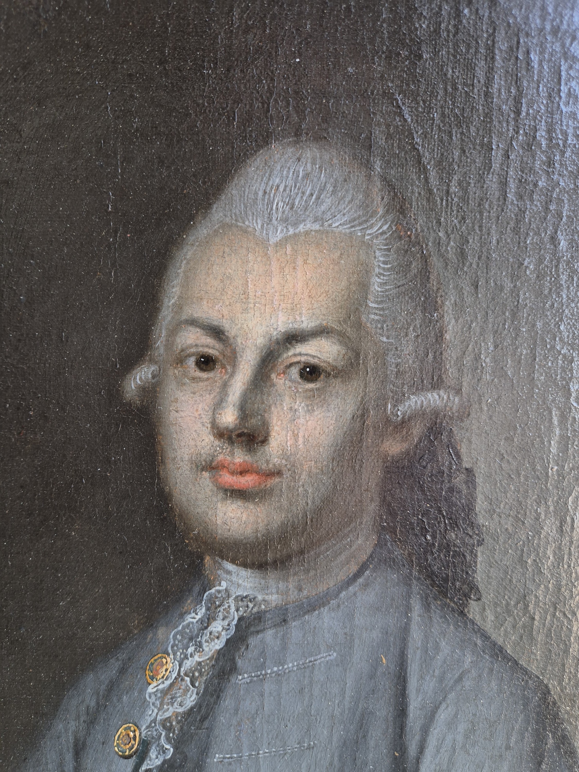 Detail b: Zuschreibung: Jacob Friedrich Dörr, 1750-1788 Tübingen, Bildnis des Christian von Gemelin (1750-1823) im blauen Anzug des Klassizismus, Hüftstück ...
