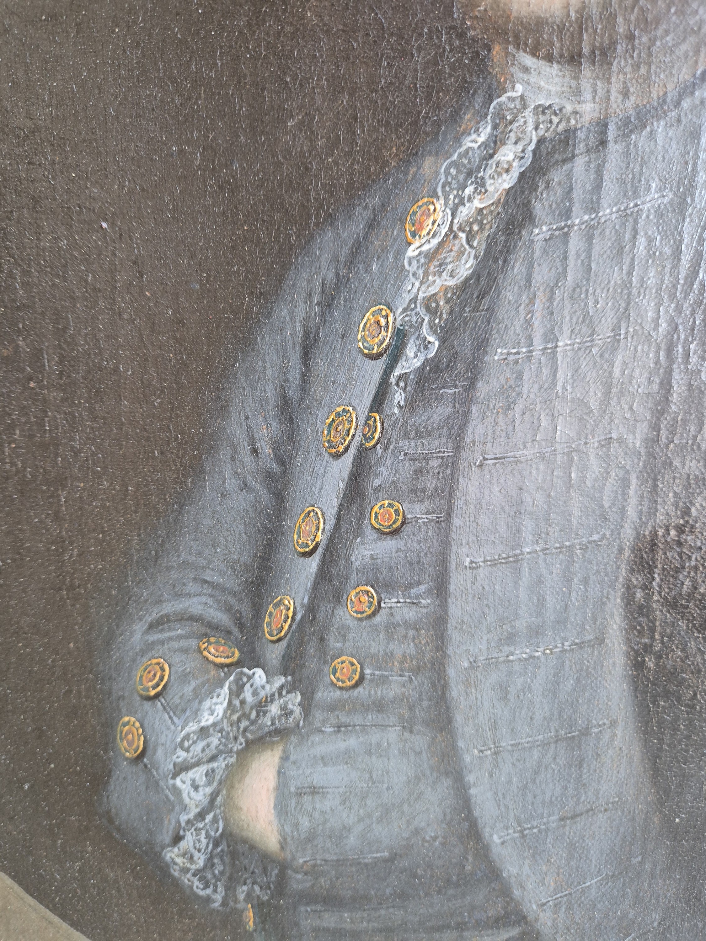 Detail c: Zuschreibung: Jacob Friedrich Dörr, 1750-1788 Tübingen, Bildnis des Christian von Gemelin (1750-1823) im blauen Anzug des Klassizismus, Hüftstück ...