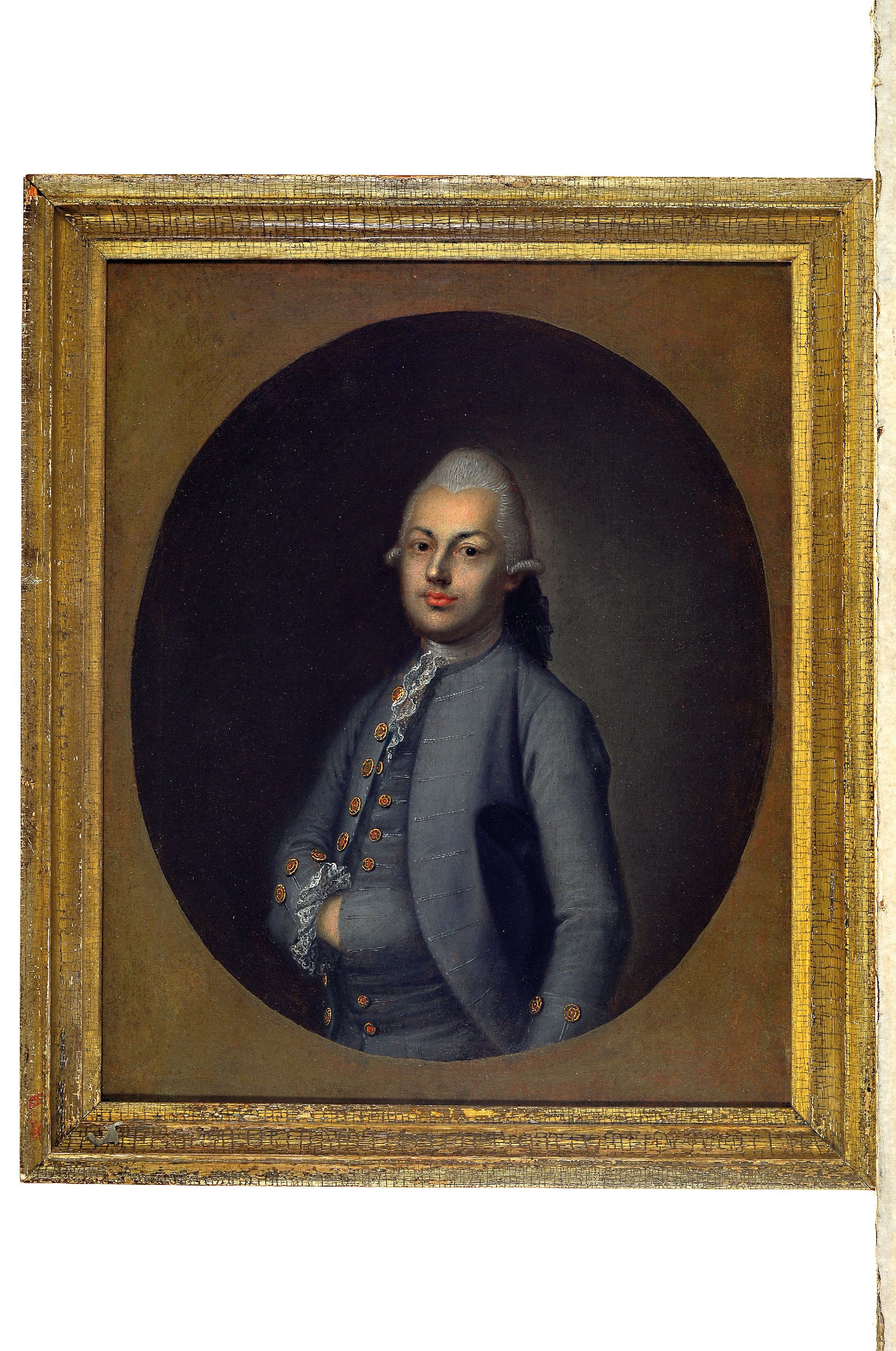 Detail k: Zuschreibung: Jacob Friedrich Dörr, 1750-1788 Tübingen, Bildnis des Christian von Gemelin (1750-1823) im blauen Anzug des Klassizismus, Hüftstück ...