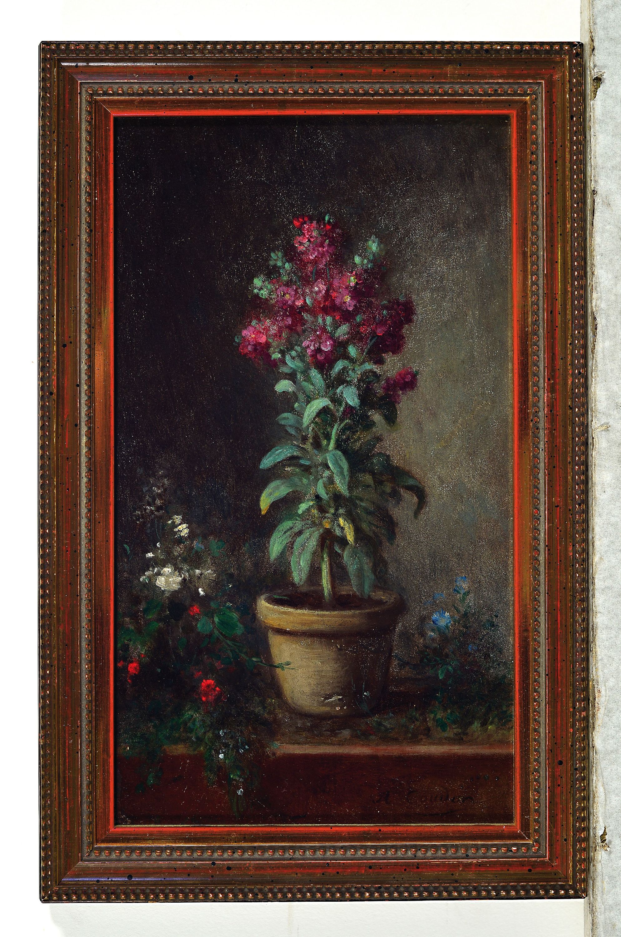 Detail k: Alexandre Jean Couder, 1808 Paris - 1879 Baran, Blumenstillleben, Blumen im Topf, Öl/Holz, signiert, ca. 21.6 x 12.5 cm, Rahmen