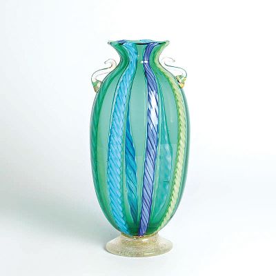 26921049b - 3 Zanfirico-Vasen, Fratelli Toso, Murano, 1960-70, farbloses Glas, verschiedenfarbige ...