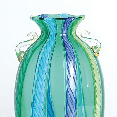 26921049c - 3 Zanfirico-Vasen, Fratelli Toso, Murano, 1960-70, farbloses Glas, verschiedenfarbige ...
