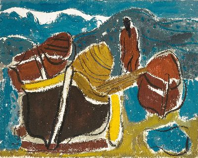 Heimo Schöllkopf, 1888 Nürnberg - 1982 Gerlingen, südliche Landschaft mit ooten undBadender, (Mallorca", Öl/Tempera auf Leinwand signeirt ...