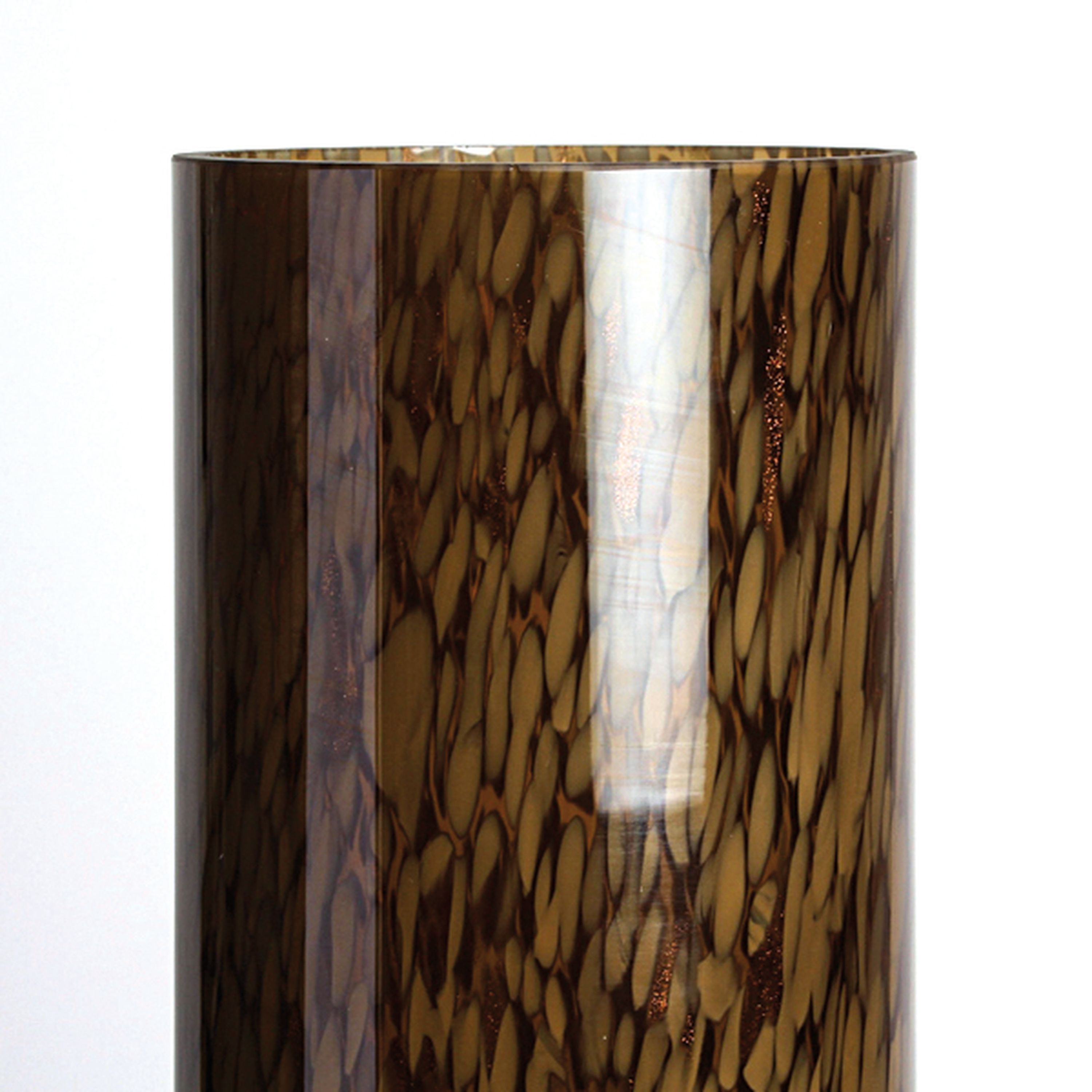 Detail a: A Macchie-Zylindervase, Cenedese, Murano, Musterstück, rauchgrünes Glas, milchweiße und Kupferpulver-Einschmelzungen, H. 35 cm, min. Chip am Rand